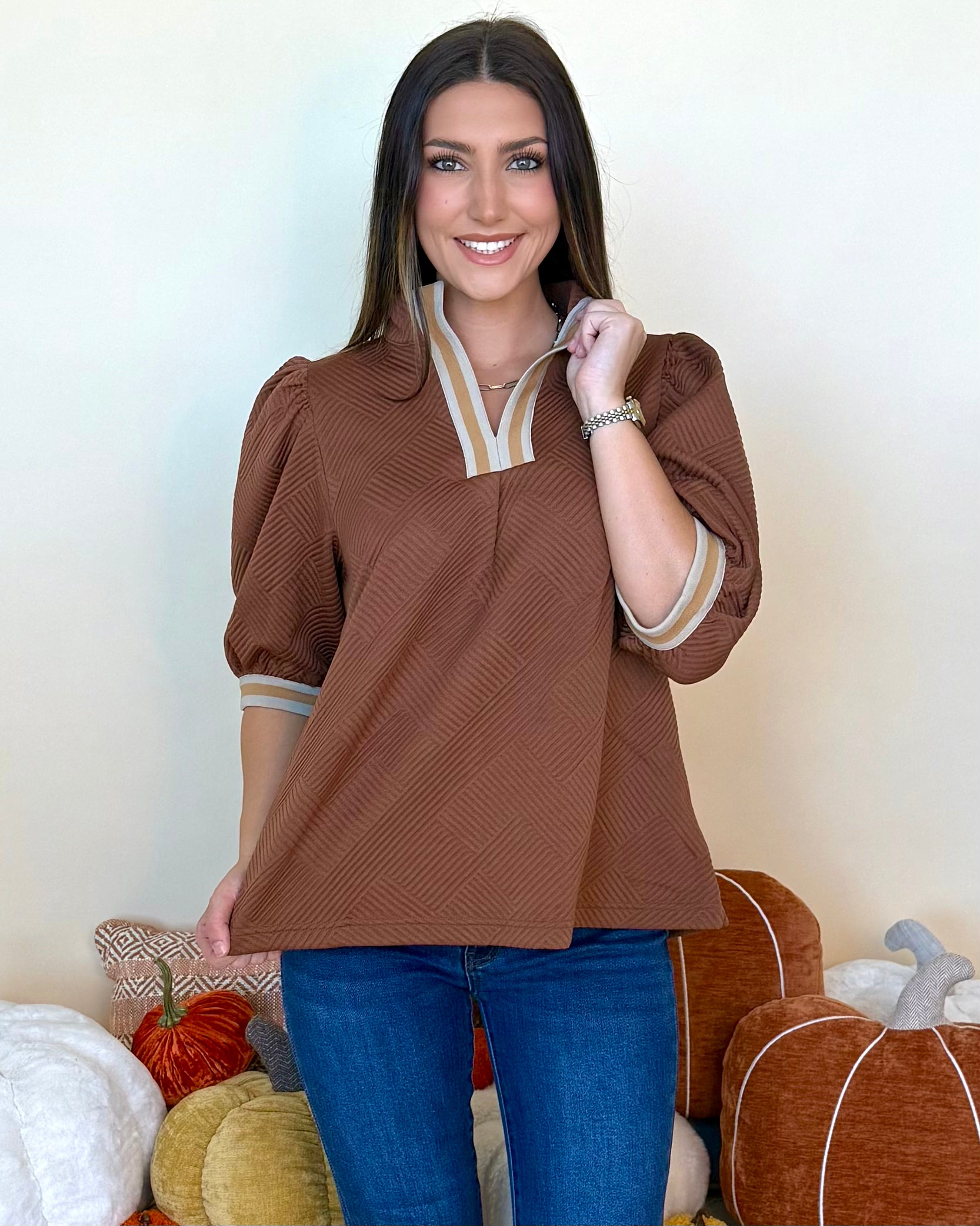 Skyline View Brown Jacquard Banded Top-Shop-Womens-Boutique-Clothing