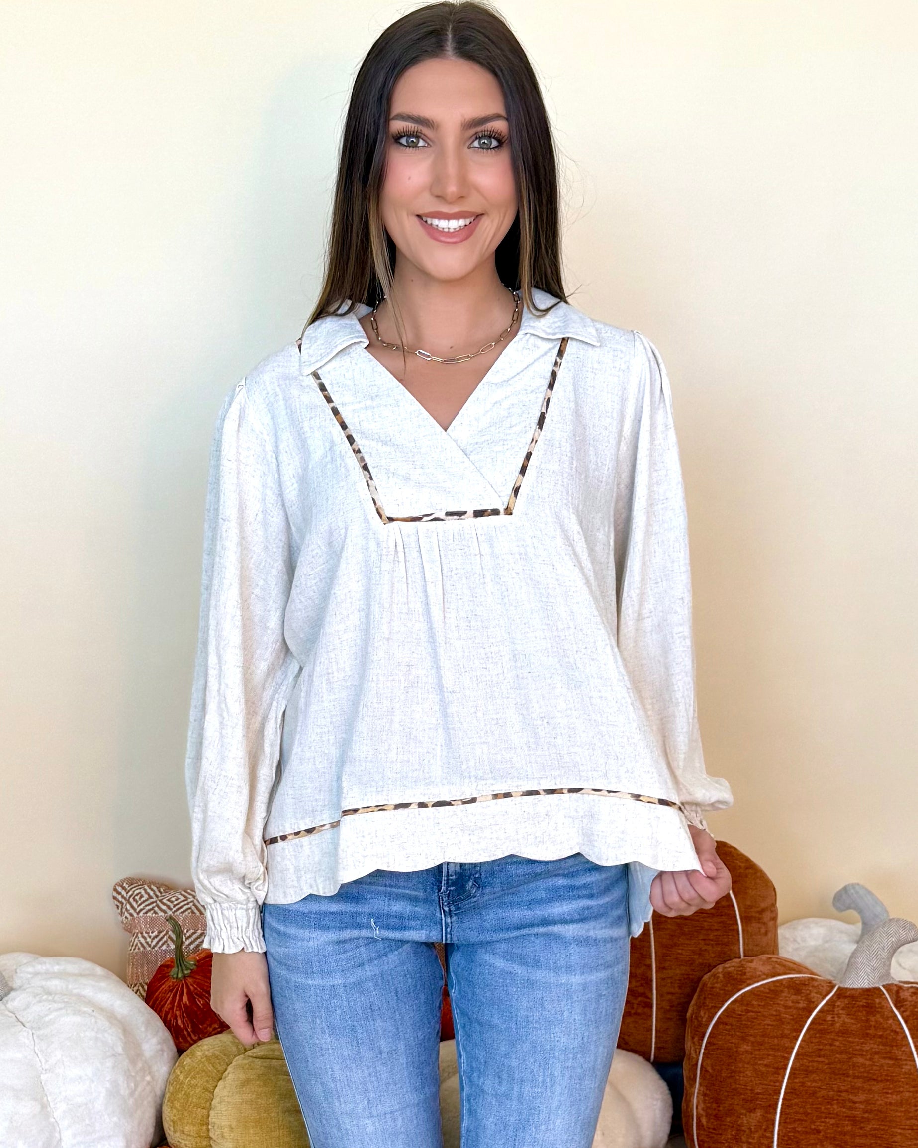 Drawn Details Oatmeal Linen Scallop Top-Shop-Womens-Boutique-Clothing