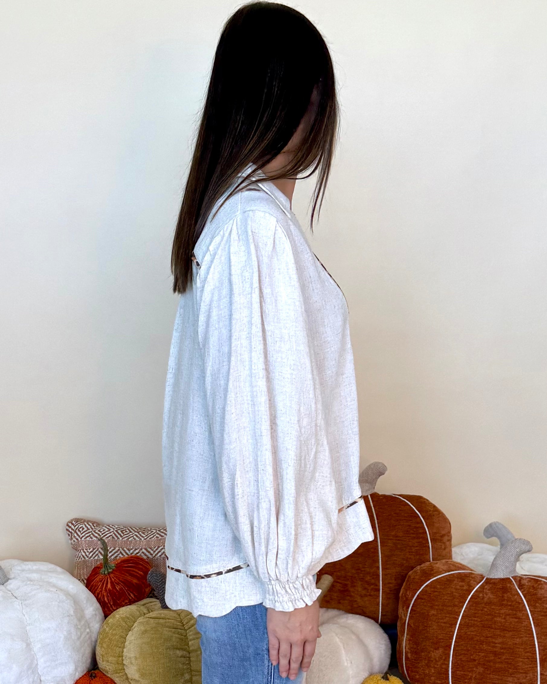 Drawn Details Oatmeal Linen Scallop Top-Shop-Womens-Boutique-Clothing