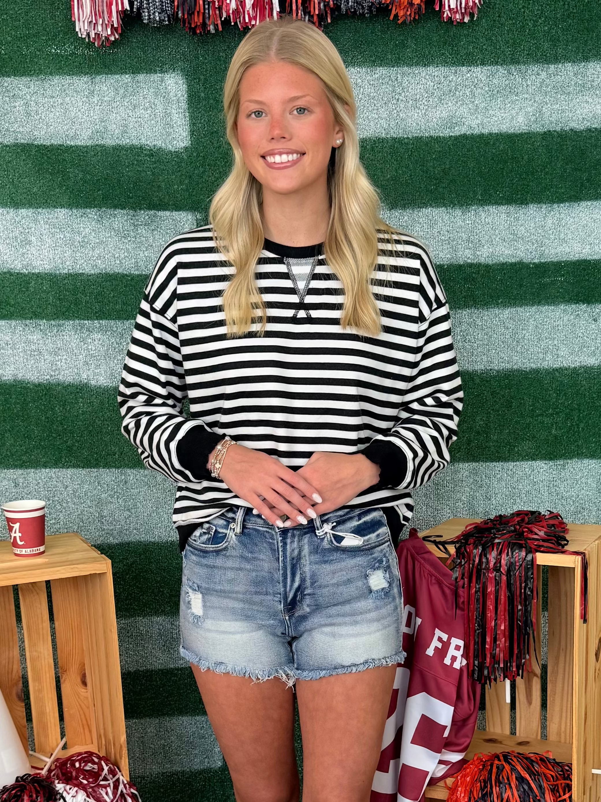 Weekend Darling Black Mix Stripe Solid Trim Top-Shop-Womens-Boutique-Clothing