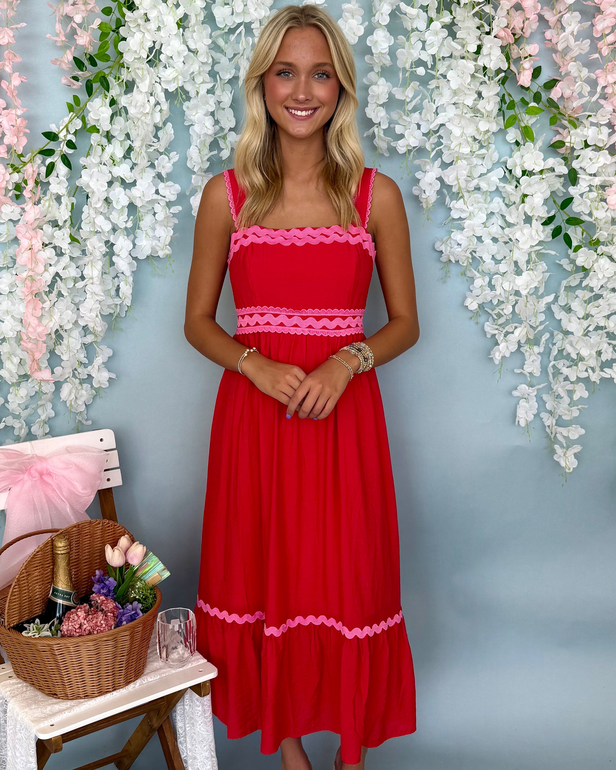 Stay There Red Ric Rac Trim Midi Dress