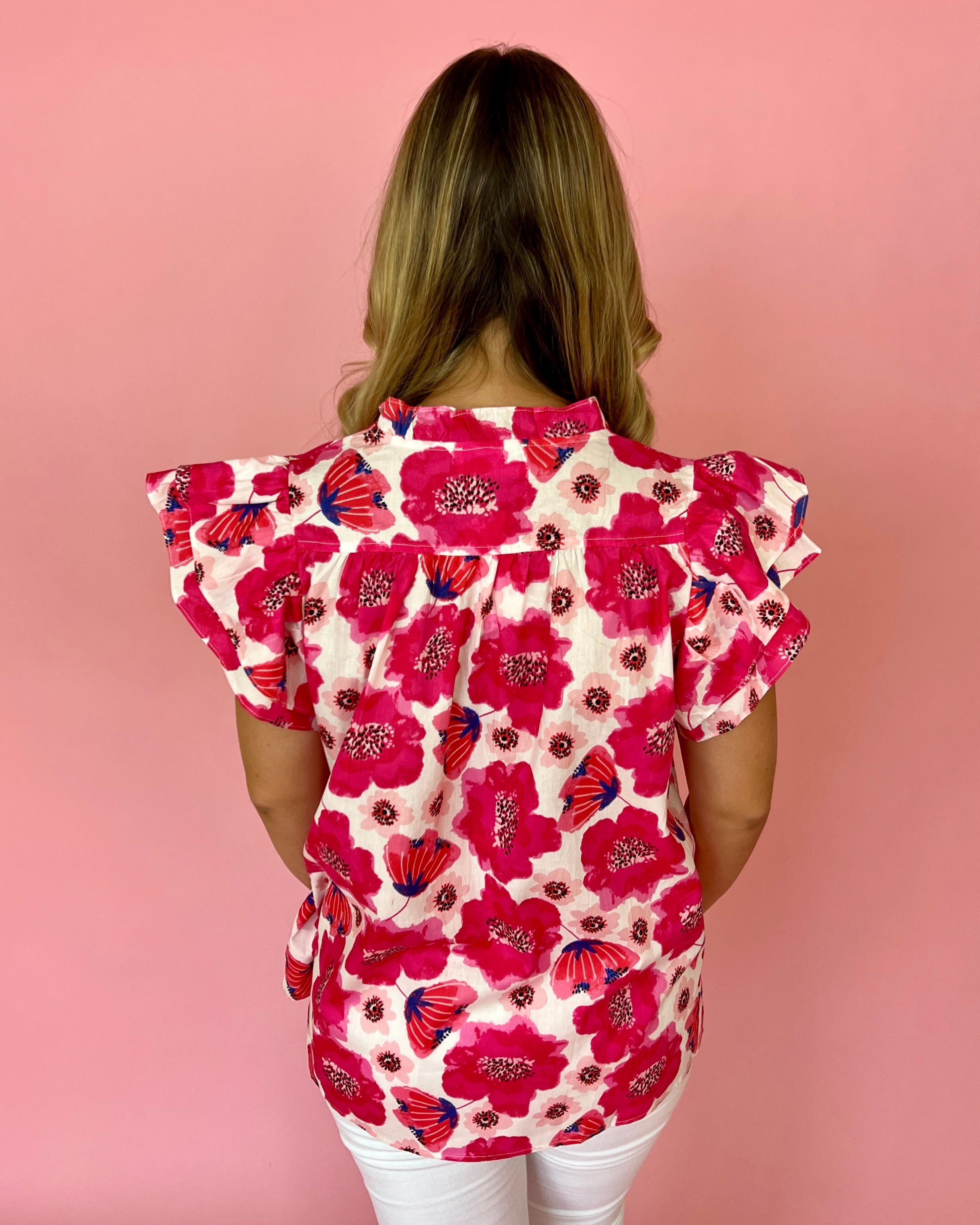 I Know My Own Worth Pink Floral Flutter Sleeve Top-Shop-Womens-Boutique-Clothing