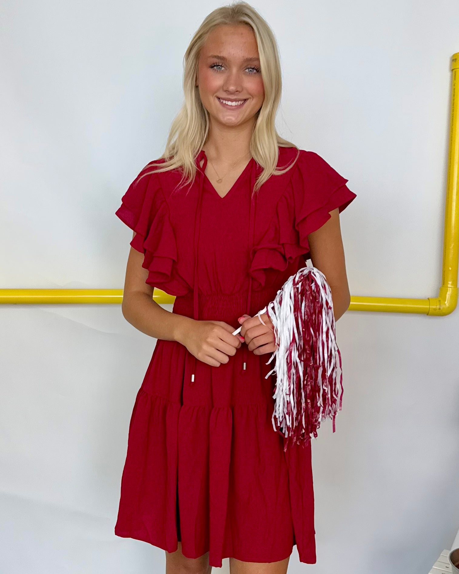 red smocked dress womens All Unfolds Red Flutter Smocked Dress Large