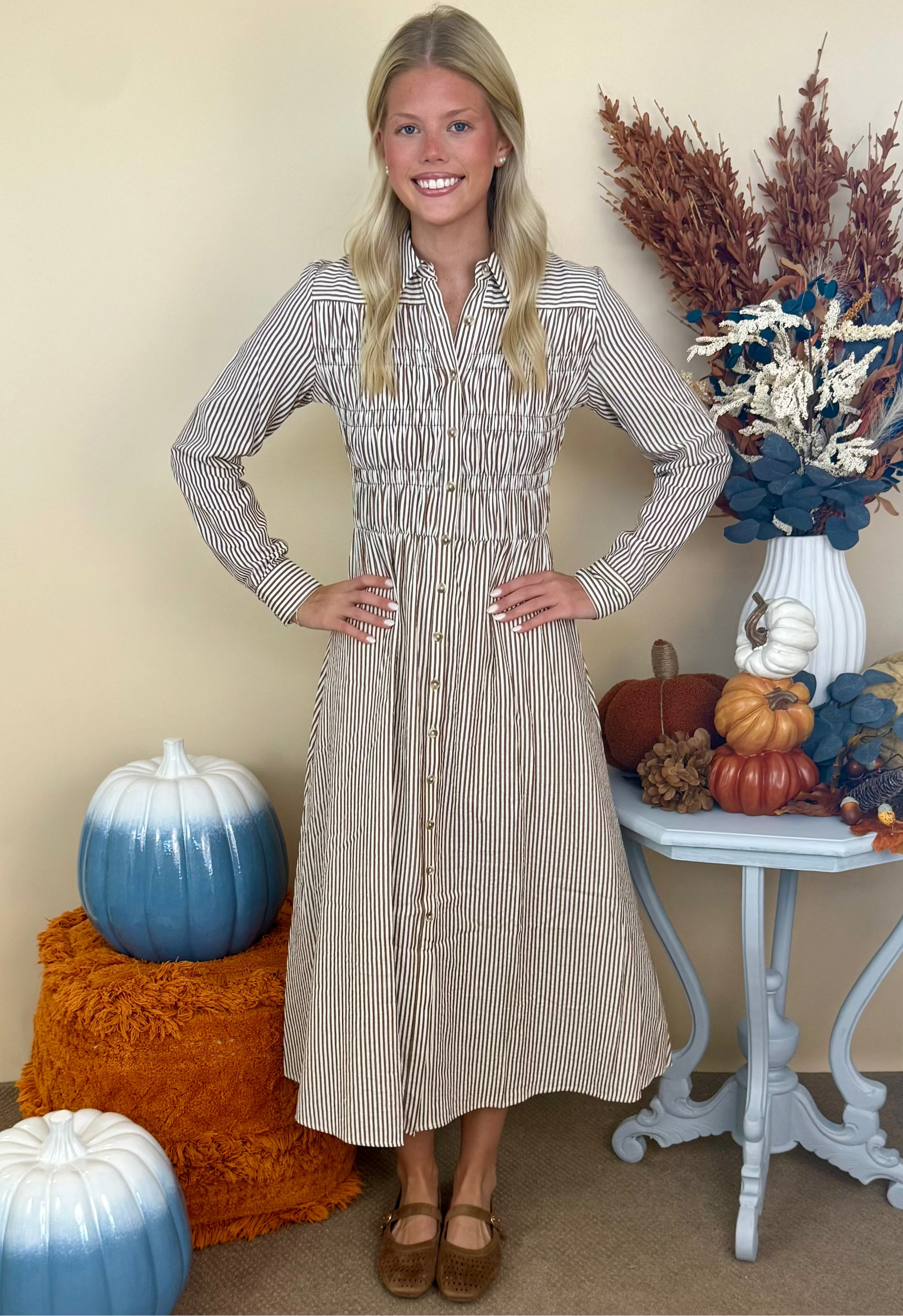 Polished Moment Brown Striped Shirred Collared Shirt Dress-Shop-Womens-Boutique-Clothing