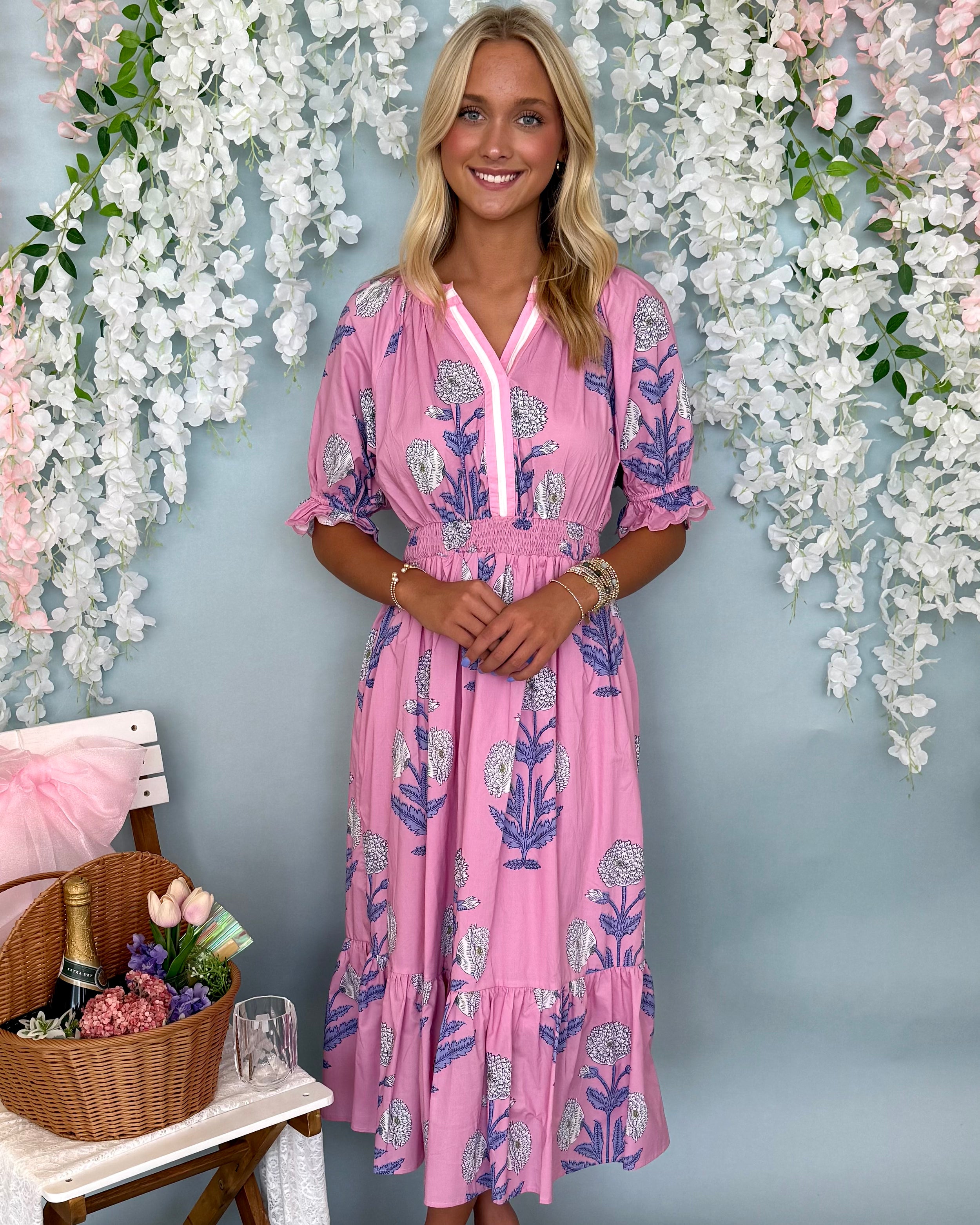 Charming Smile Pink Mix Floral Midi Dress Charming Smile Pink Mix Floral Midi Dress