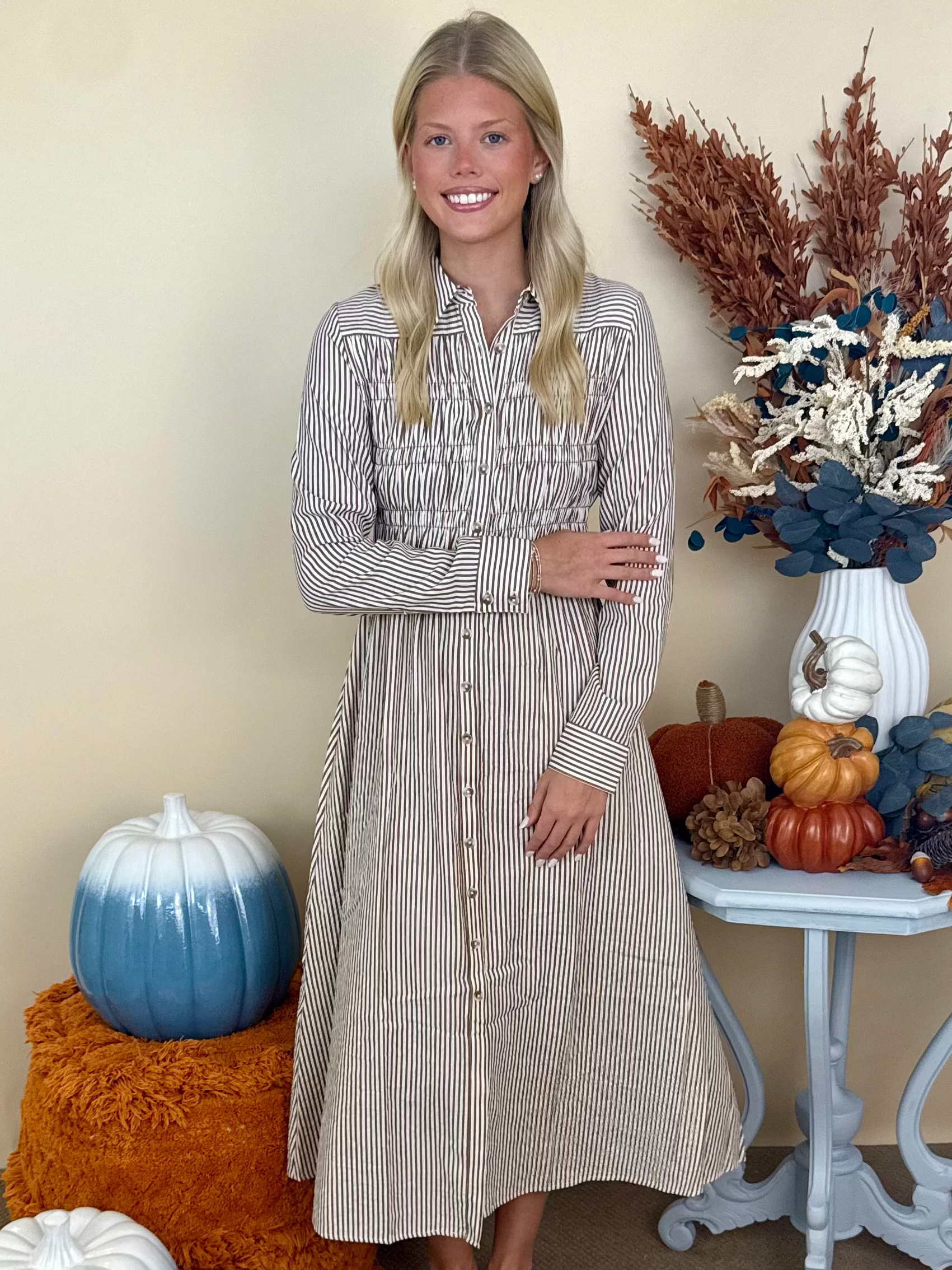 Polished Moment Brown Striped Shirred Collared Shirt Dress-Shop-Womens-Boutique-Clothing