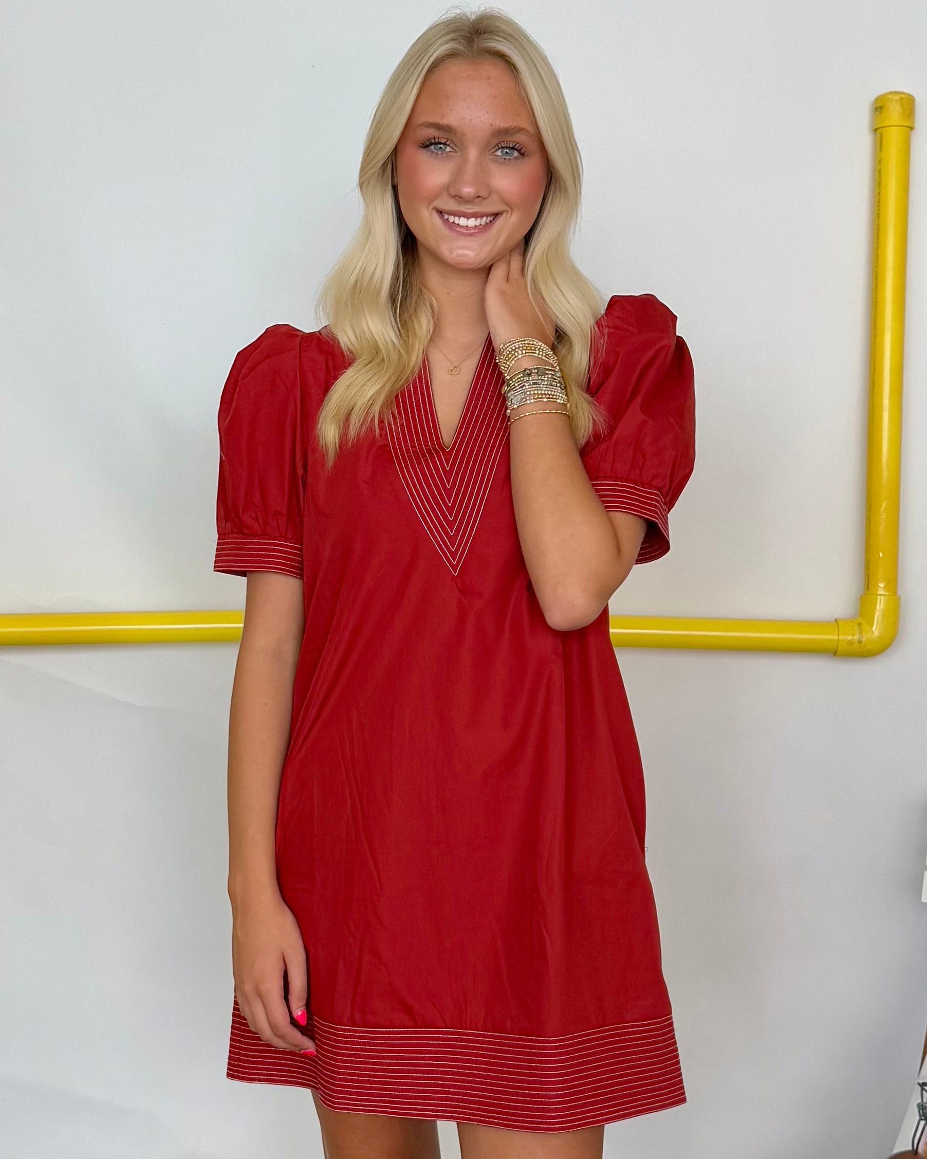 Must Be Love Brick Contrast Stitch Dress-Shop-Womens-Boutique-Clothing