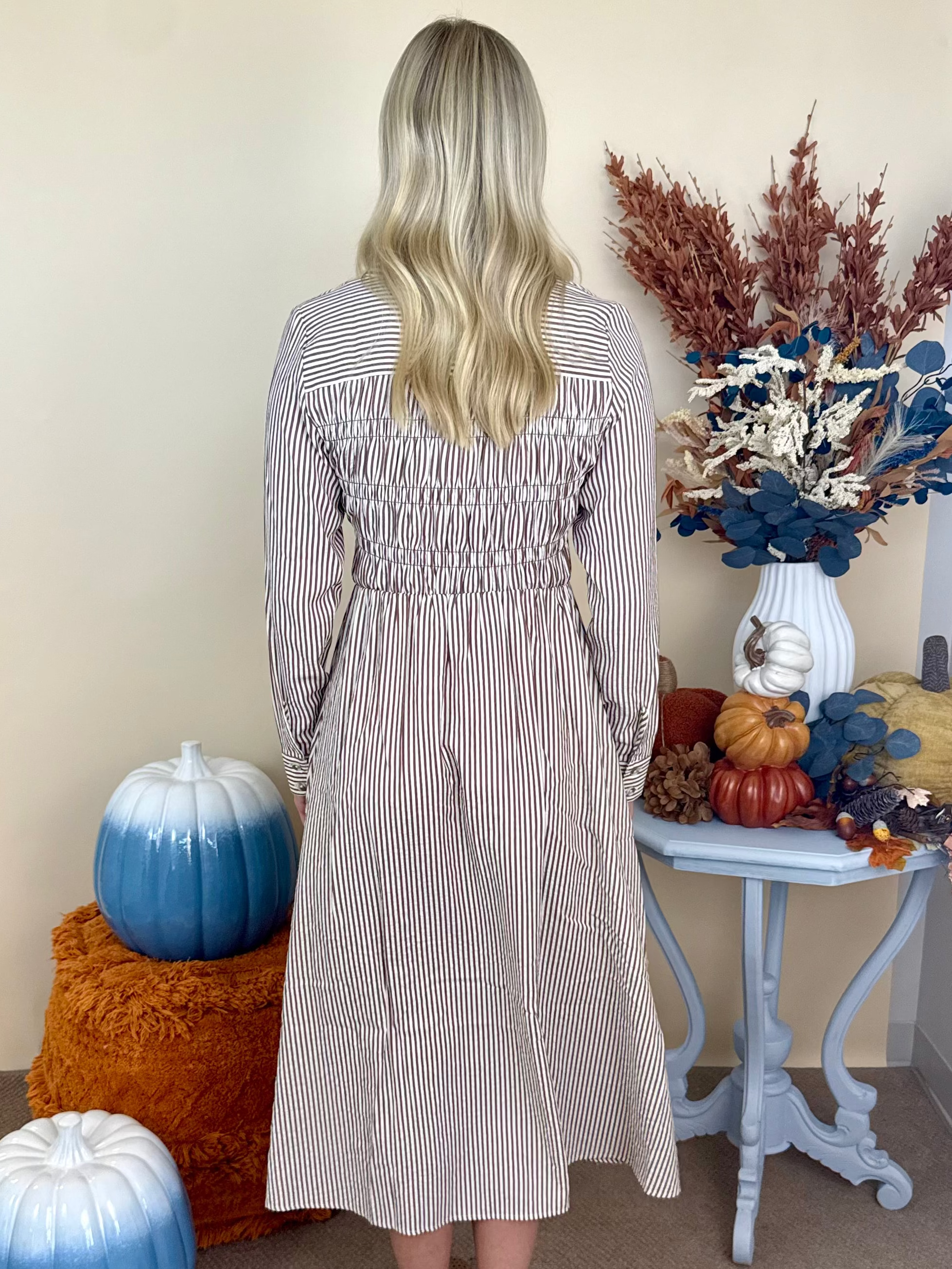 Polished Moment Brown Striped Shirred Collared Shirt Dress-Shop-Womens-Boutique-Clothing