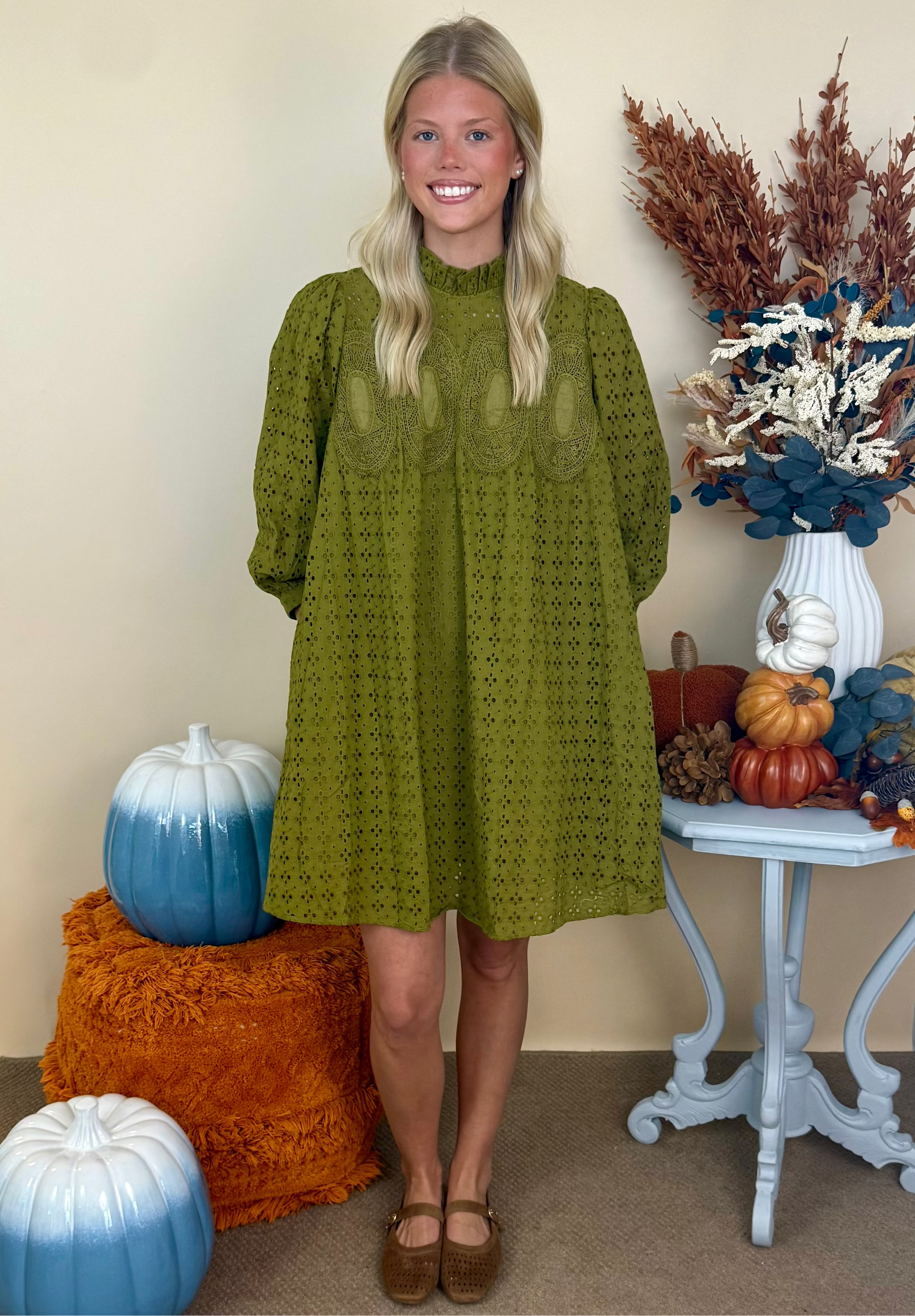 On Repeat Olive Eyelet Embroidered Lace Detail Dress-Shop-Womens-Boutique-Clothing