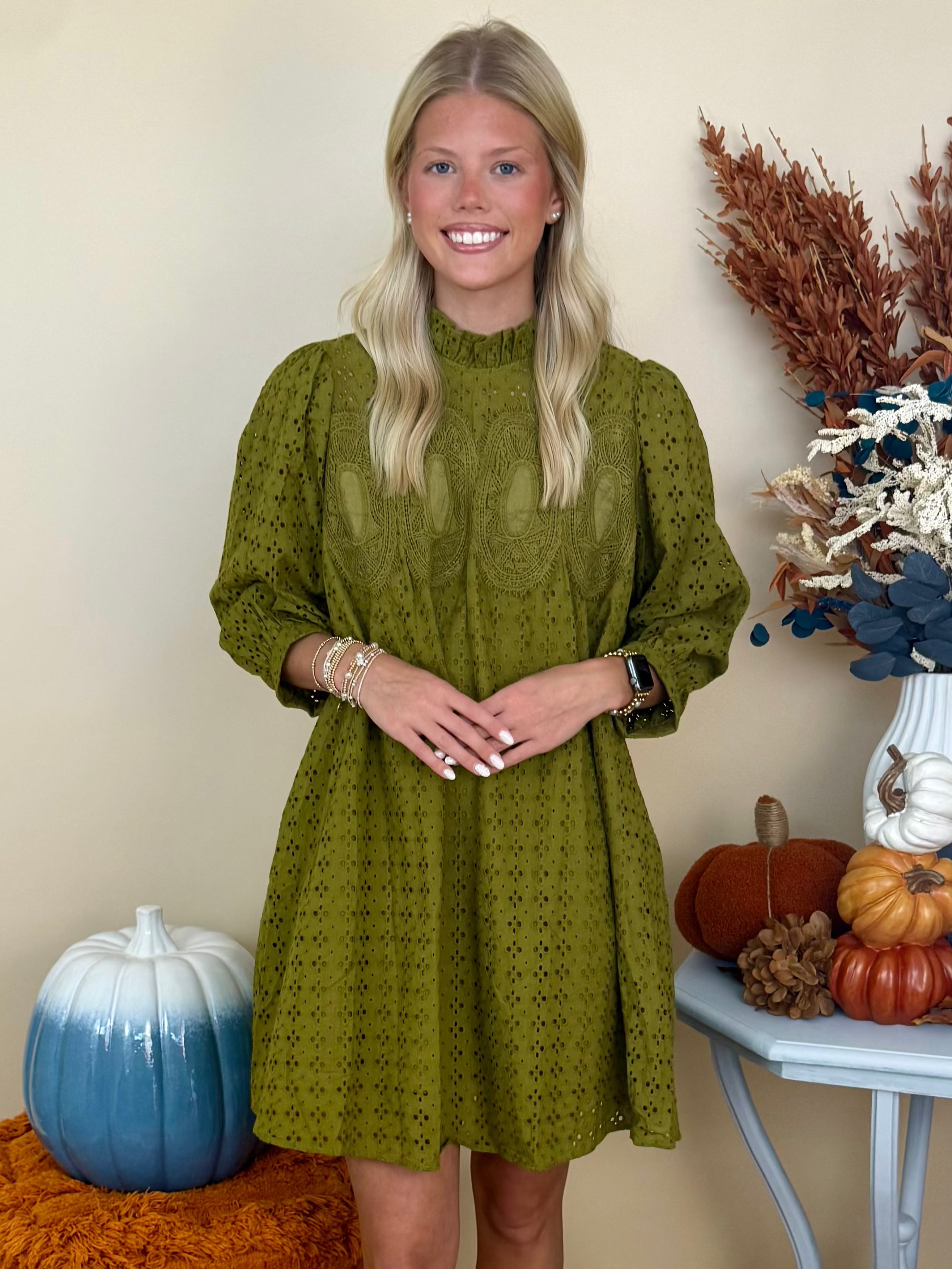 On Repeat Olive Eyelet Embroidered Lace Detail Dress-Shop-Womens-Boutique-Clothing