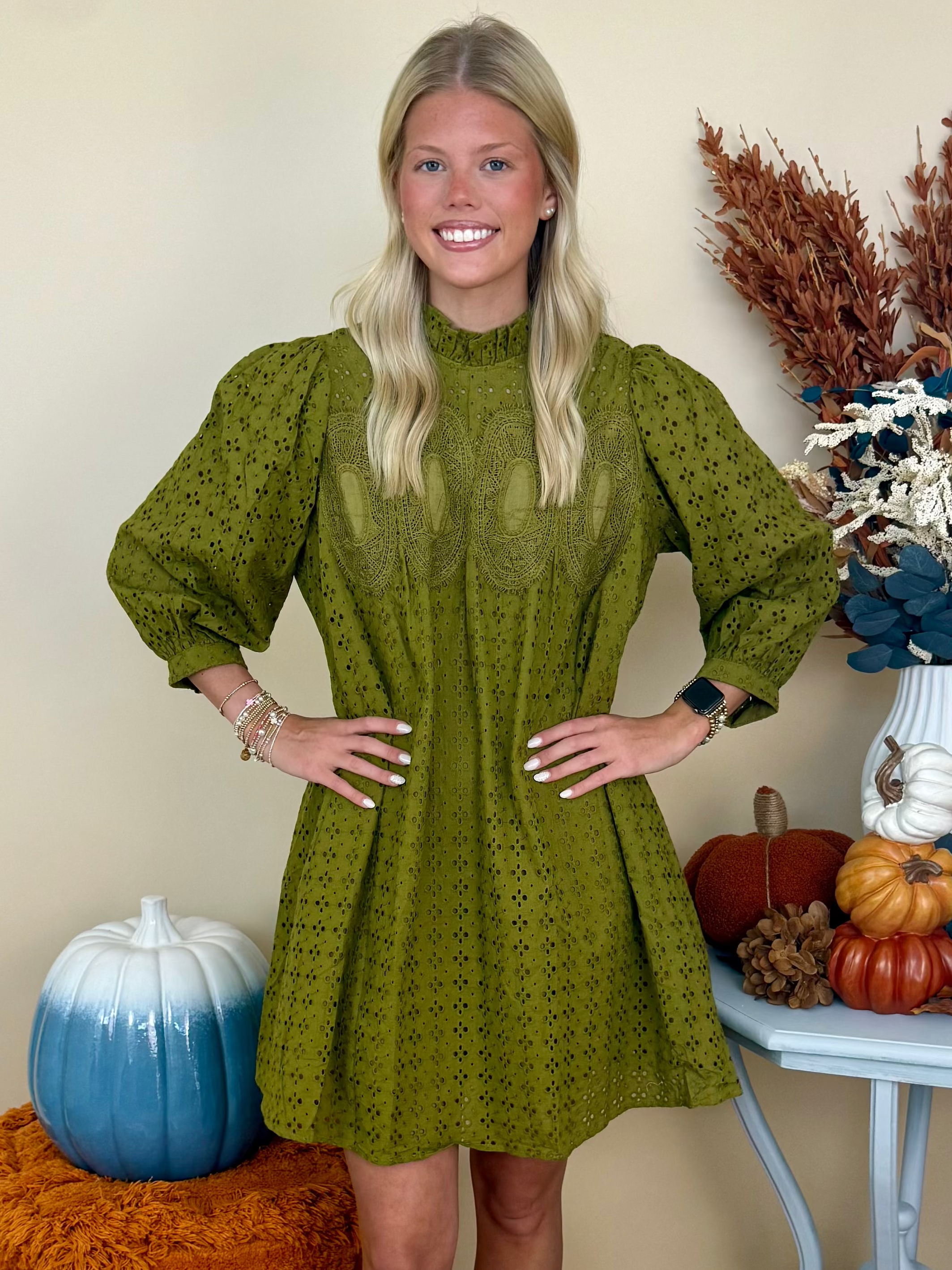 On Repeat Olive Eyelet Embroidered Lace Detail Dress-Shop-Womens-Boutique-Clothing