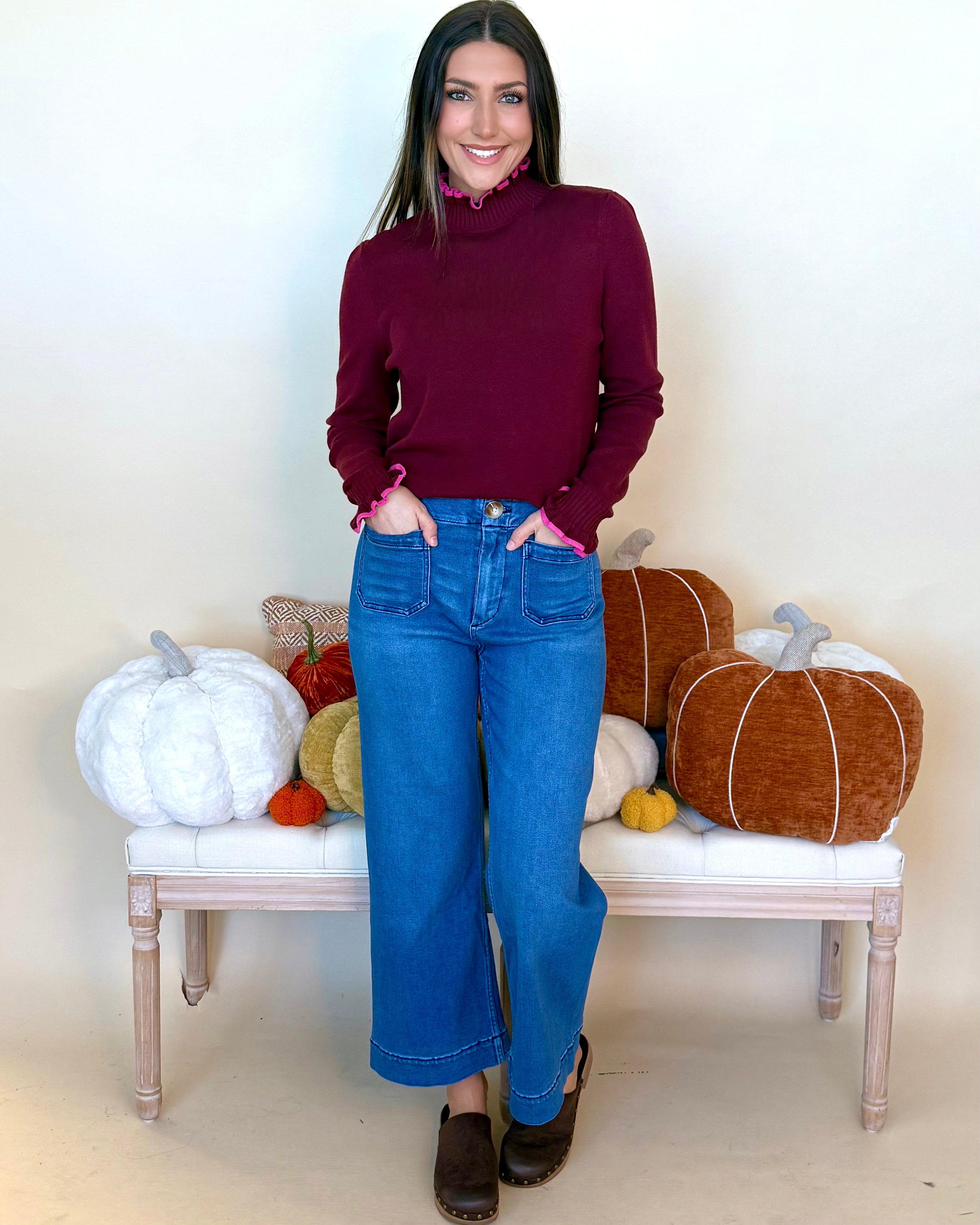 Here We Are Burgundy Ruffle Neck Sweater-Shop-Womens-Boutique-Clothing