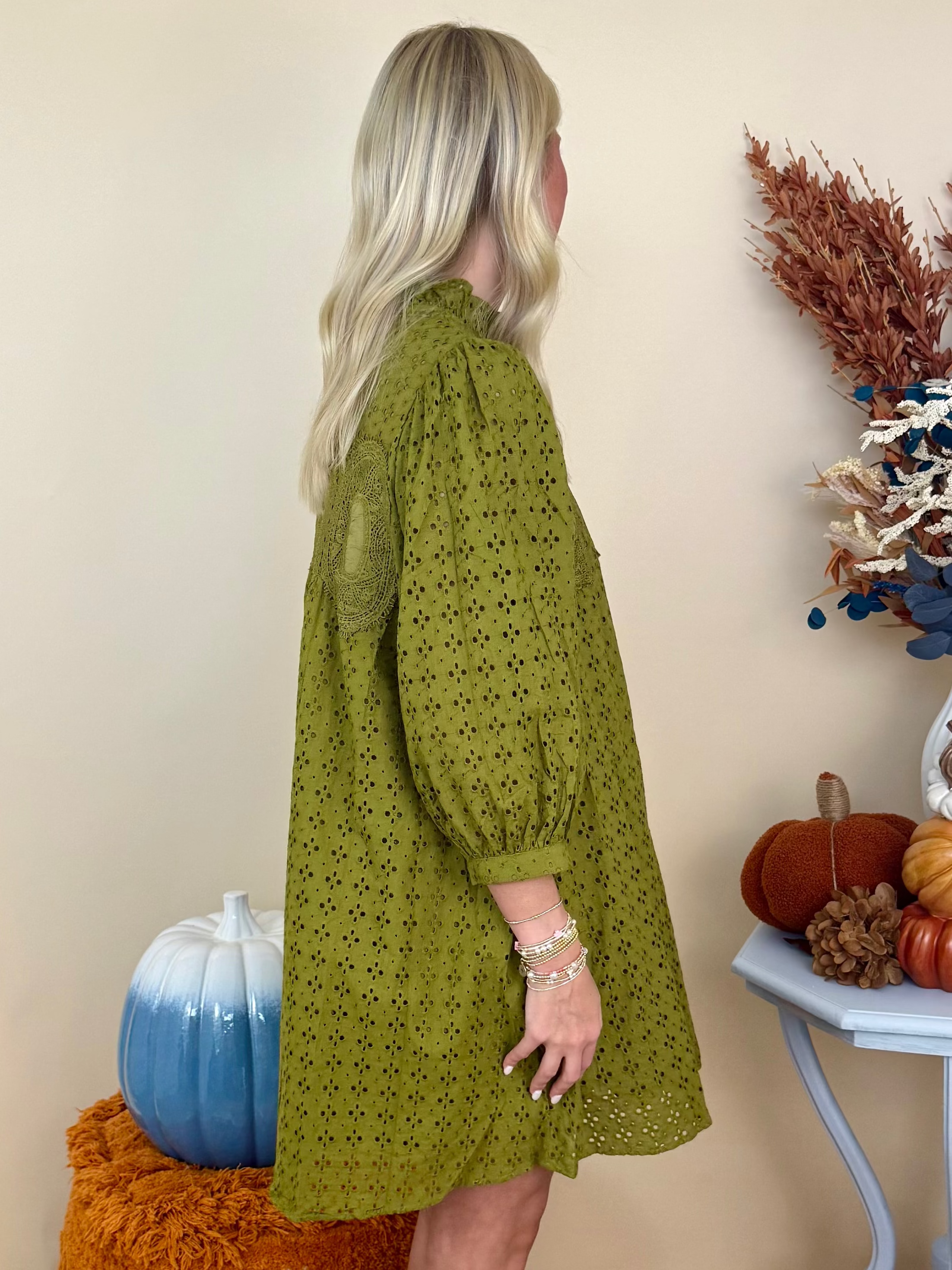 On Repeat Olive Eyelet Embroidered Lace Detail Dress-Shop-Womens-Boutique-Clothing