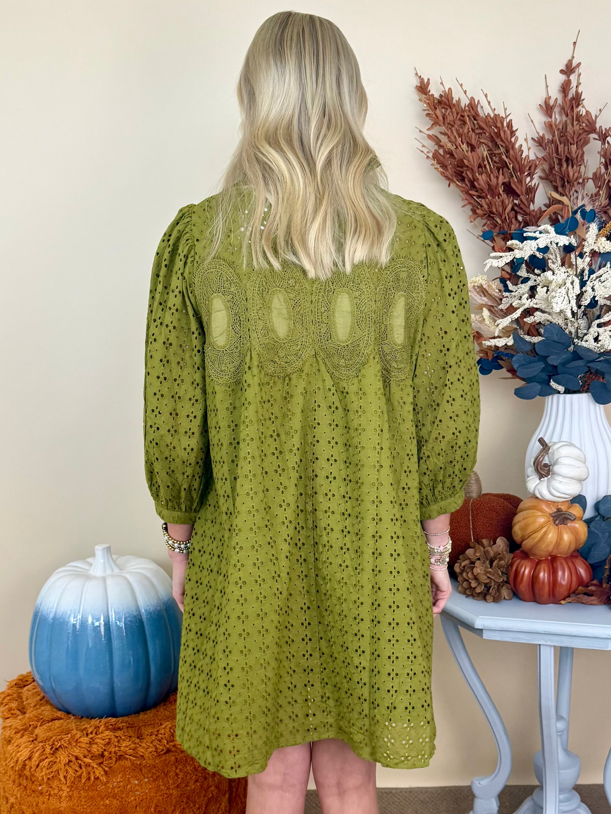 On Repeat Olive Eyelet Embroidered Lace Detail Dress-Shop-Womens-Boutique-Clothing