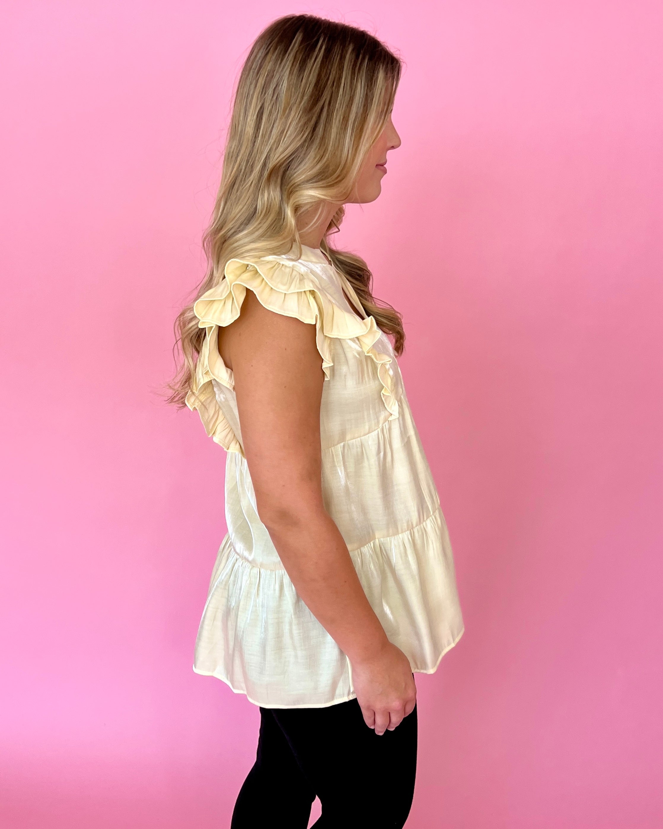 Radiant Beauty Cream Satin Tiered Split Neck Top-Shop-Womens-Boutique-Clothing