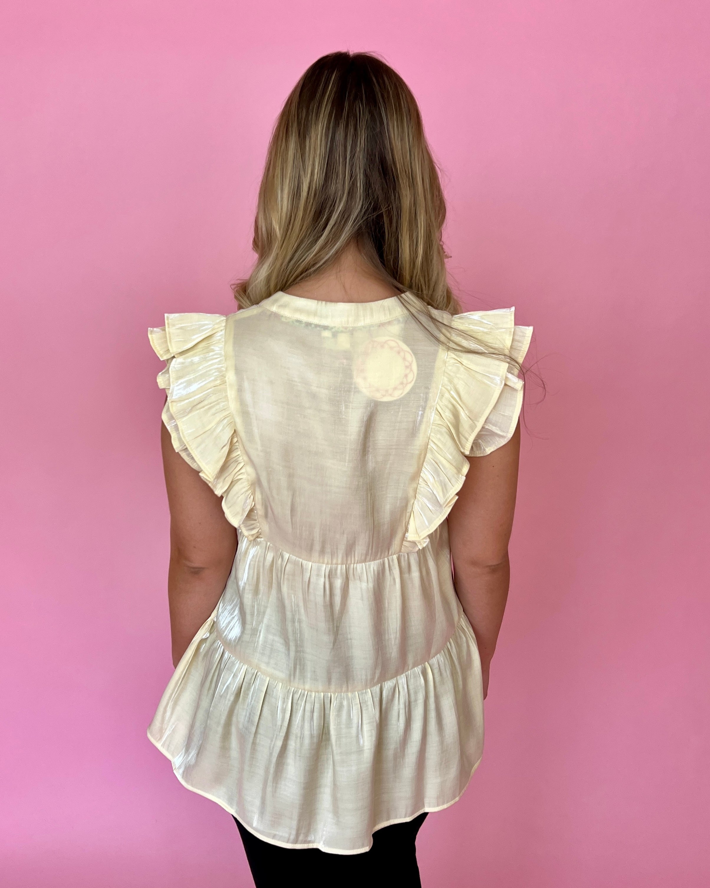 Radiant Beauty Cream Satin Tiered Split Neck Top-Shop-Womens-Boutique-Clothing