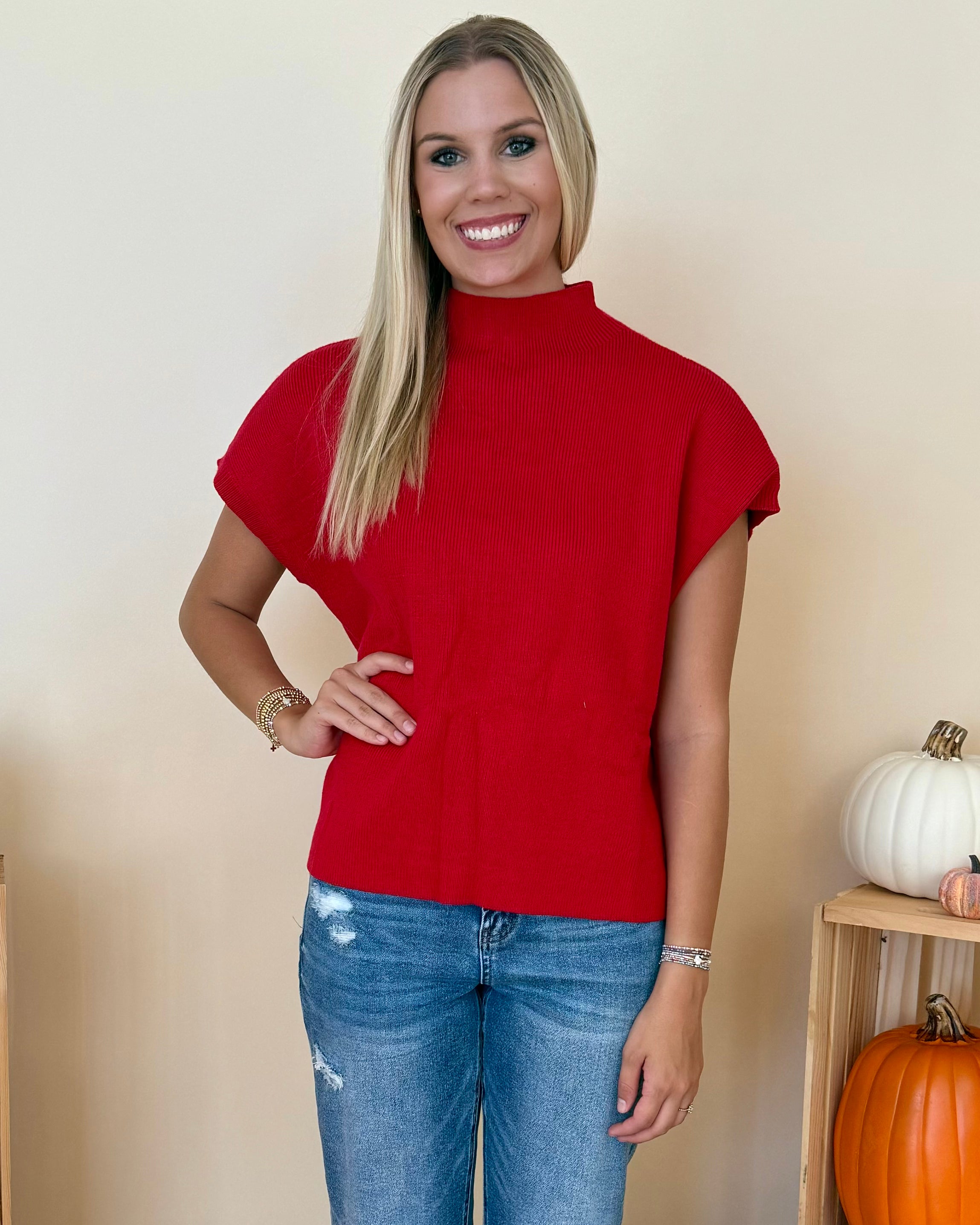 Extended Stay Red Ribbed Sweater-Shop-Womens-Boutique-Clothing