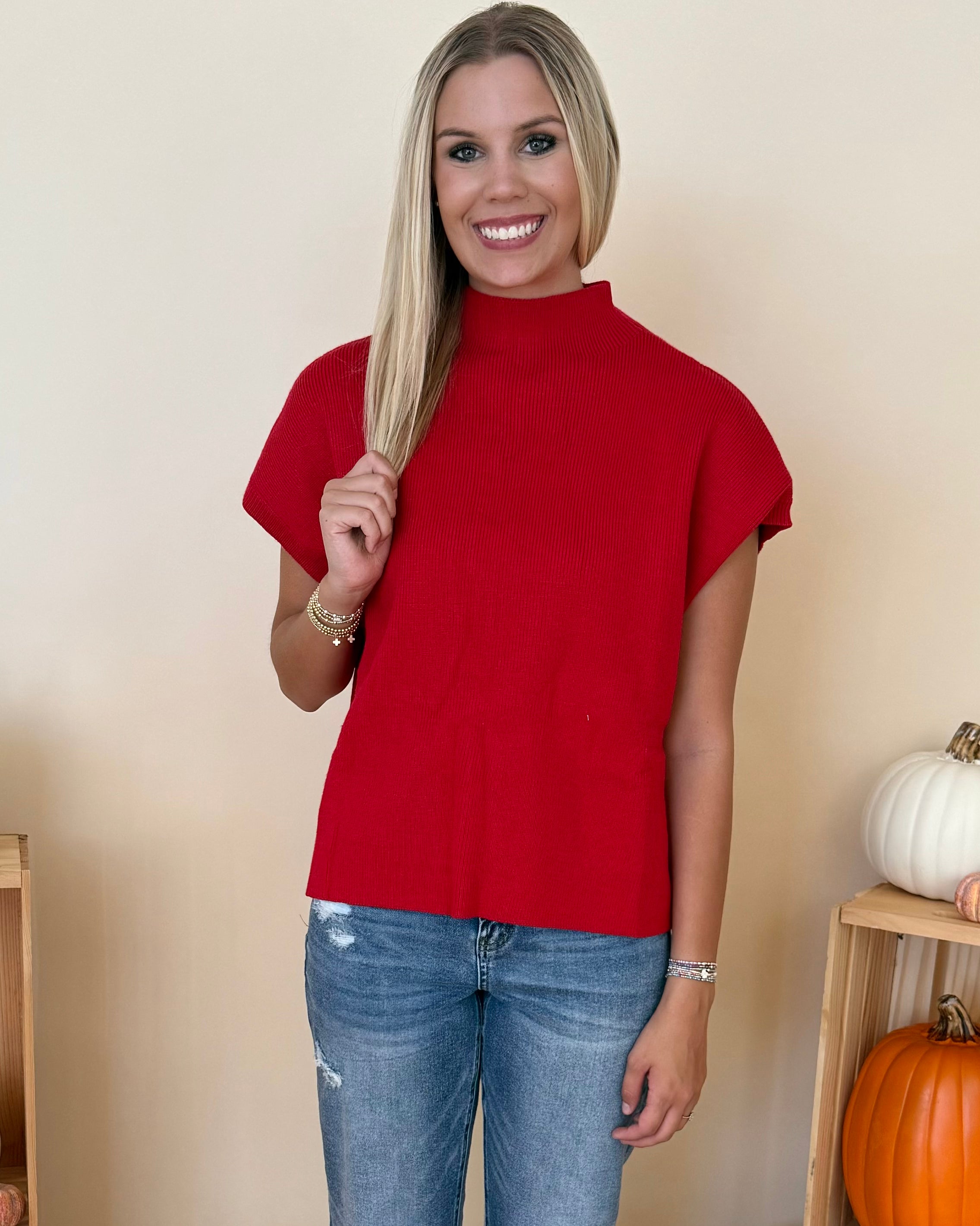 Extended Stay Red Ribbed Sweater-Shop-Womens-Boutique-Clothing