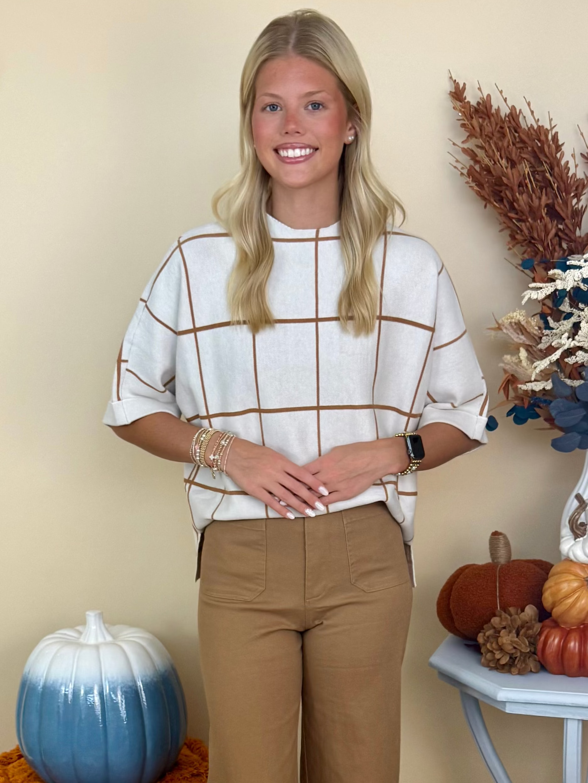 Here's to You Cream Drop Shoulder Grid Pattern Sweater-Shop-Womens-Boutique-Clothing