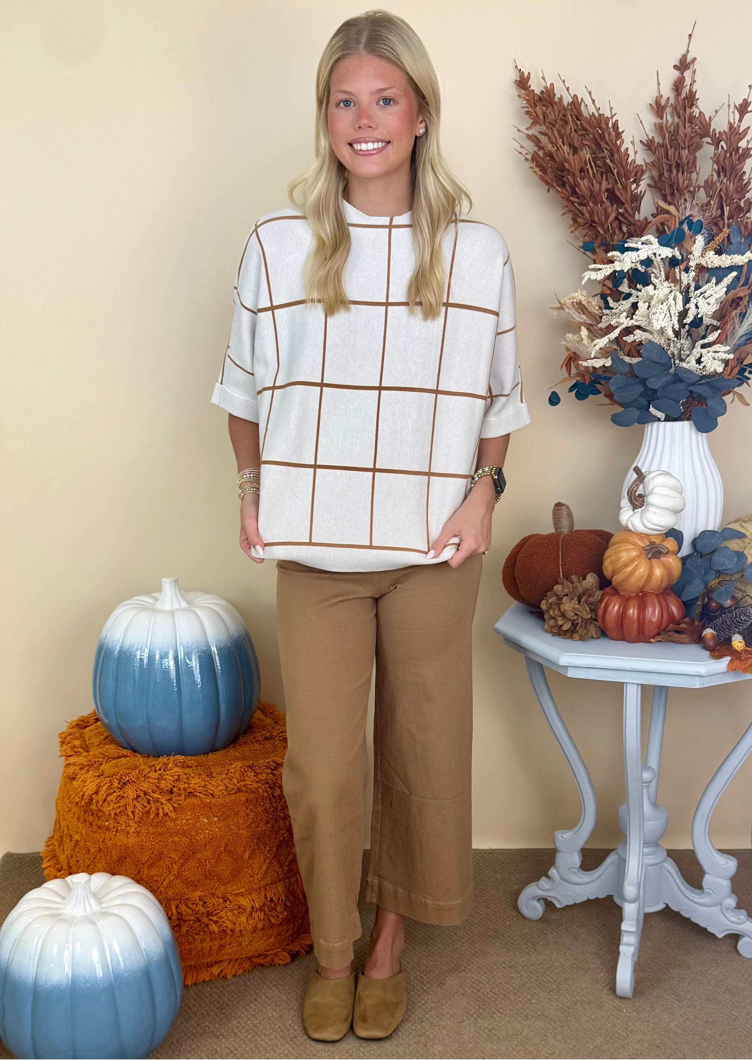 Here's to You Cream Drop Shoulder Grid Pattern Sweater-Shop-Womens-Boutique-Clothing