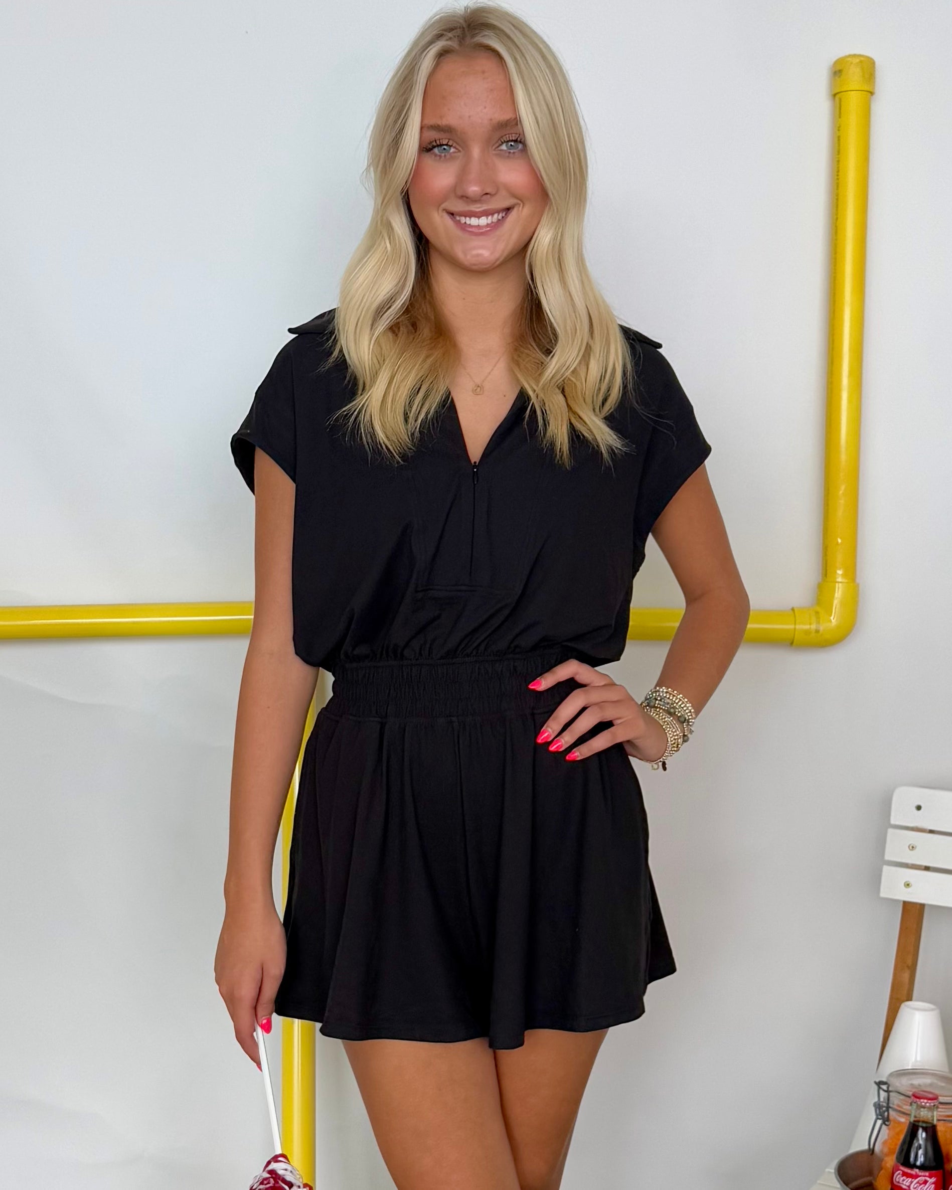 Doing Just Fine Black Collar Romper-Shop-Womens-Boutique-Clothing