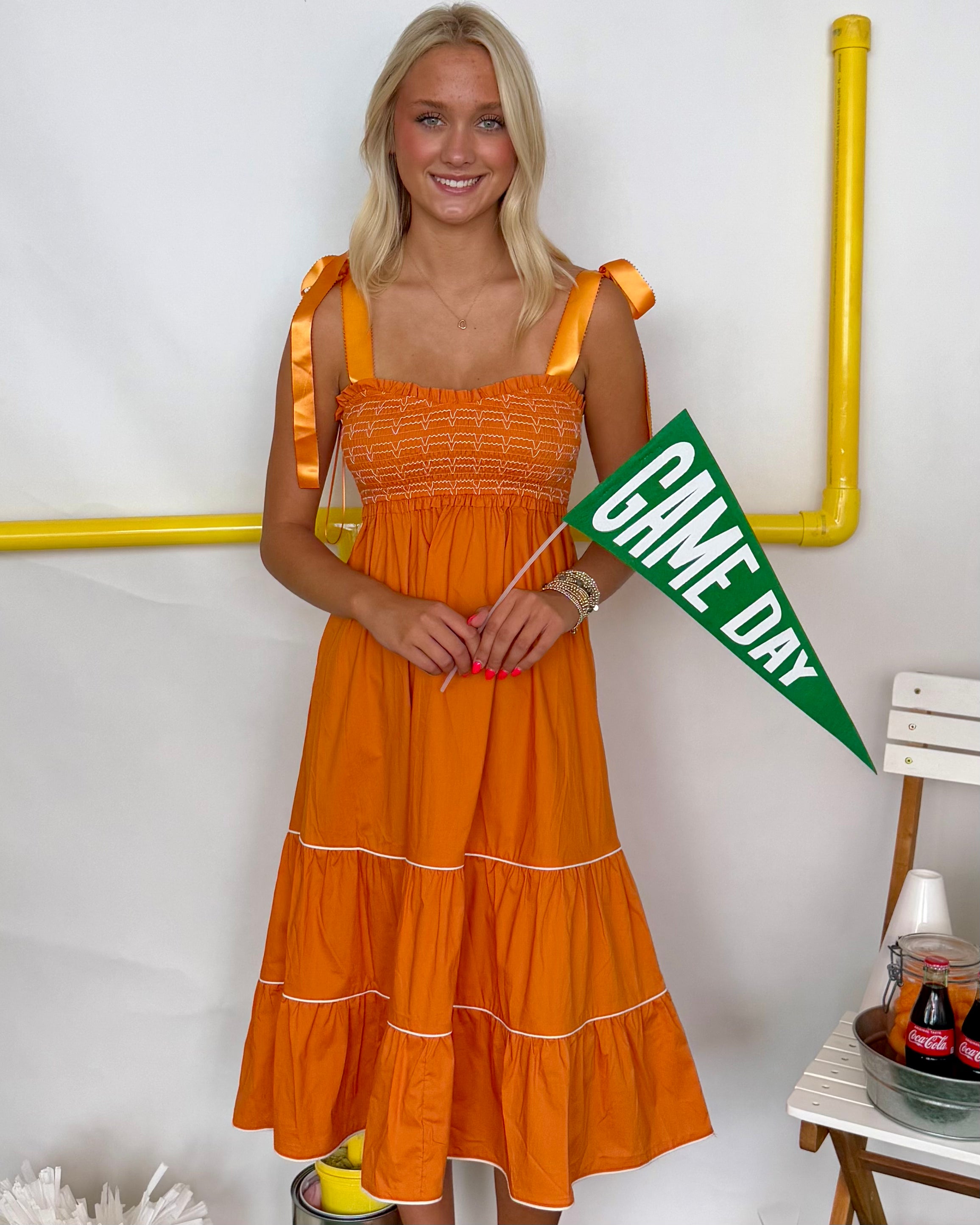 Any Occasion Orange Smocked Midi Dress-Shop-Womens-Boutique-Clothing