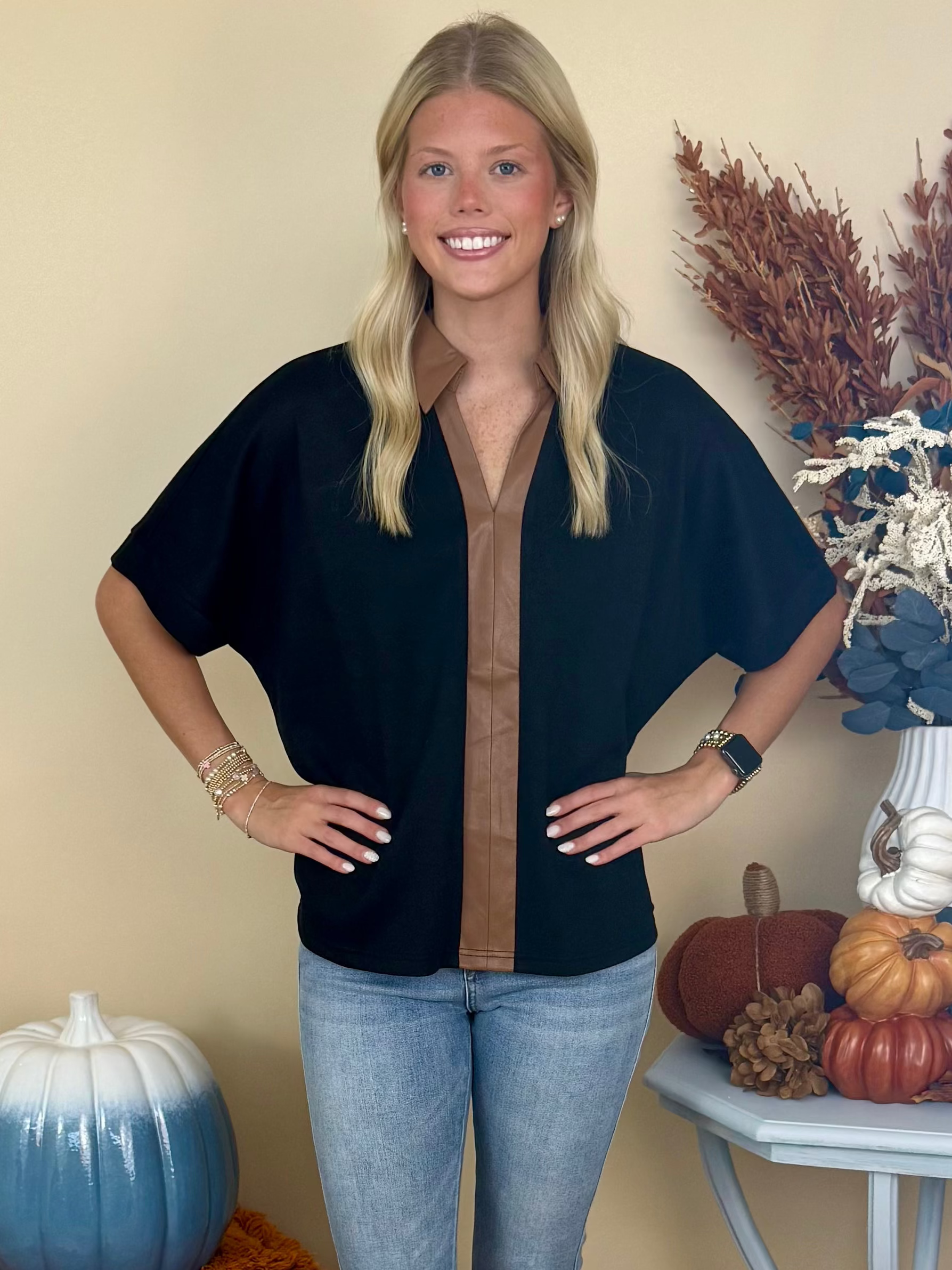 Casual Luxe Black Faux Leather Accent Top-Shop-Womens-Boutique-Clothing
