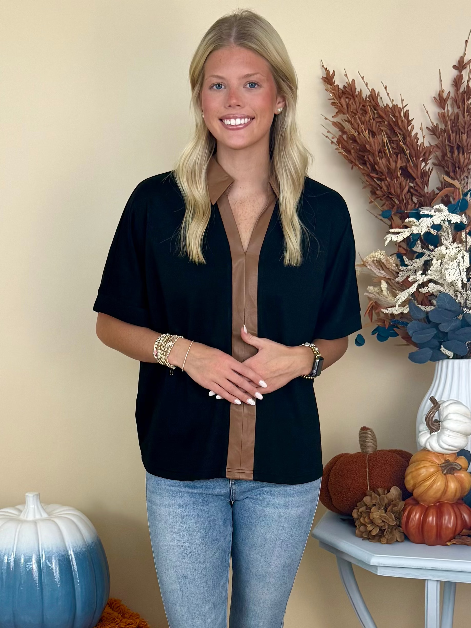 Casual Luxe Black Faux Leather Accent Top-Shop-Womens-Boutique-Clothing