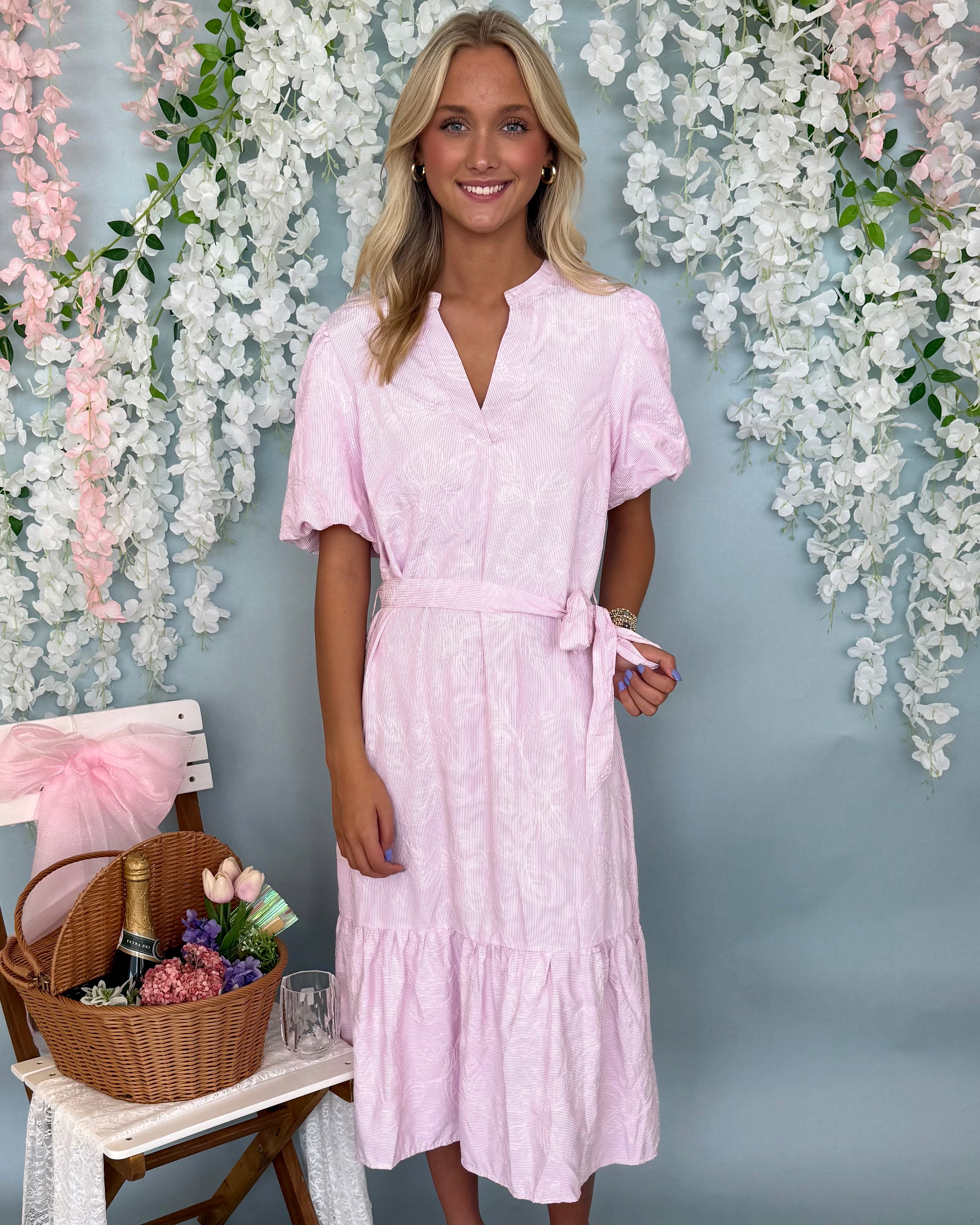 Garden Girl Pink Embroidered Belted Midi Dress-Shop-Womens-Boutique-Clothing