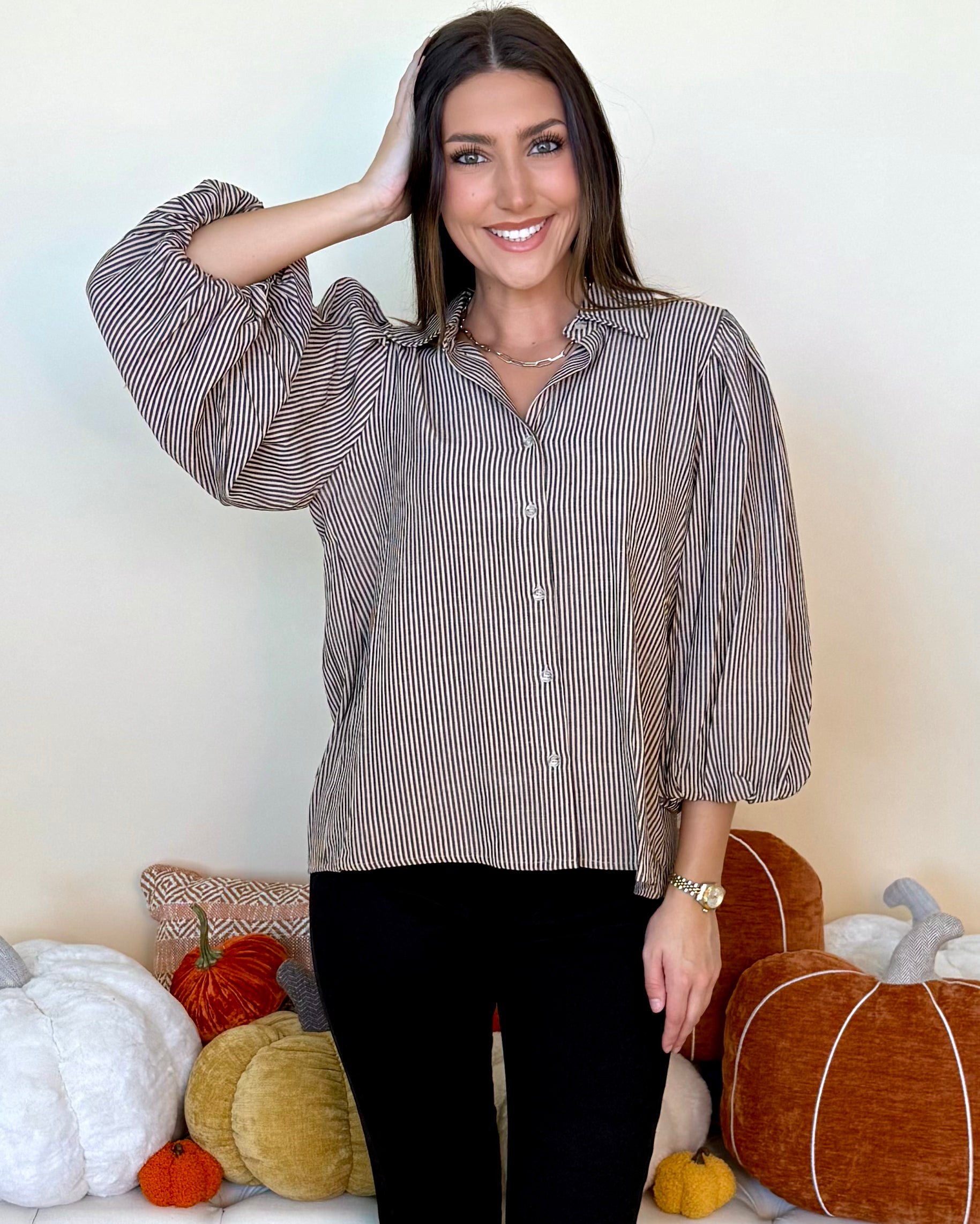 You Wish Light Taupe Striped Button Top-Shop-Womens-Boutique-Clothing
