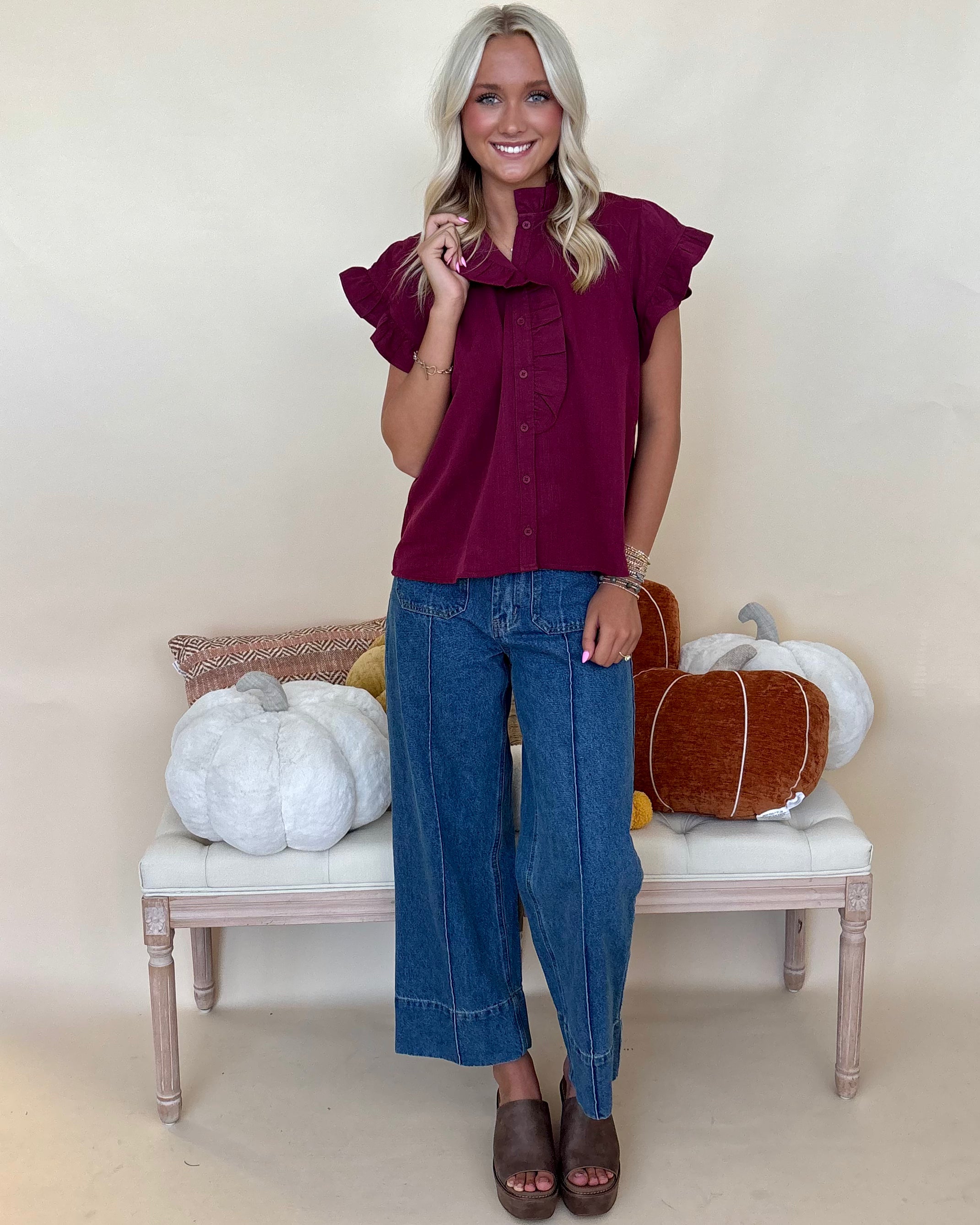 Back At It Burgundy Ruffle Top-Shop-Womens-Boutique-Clothing