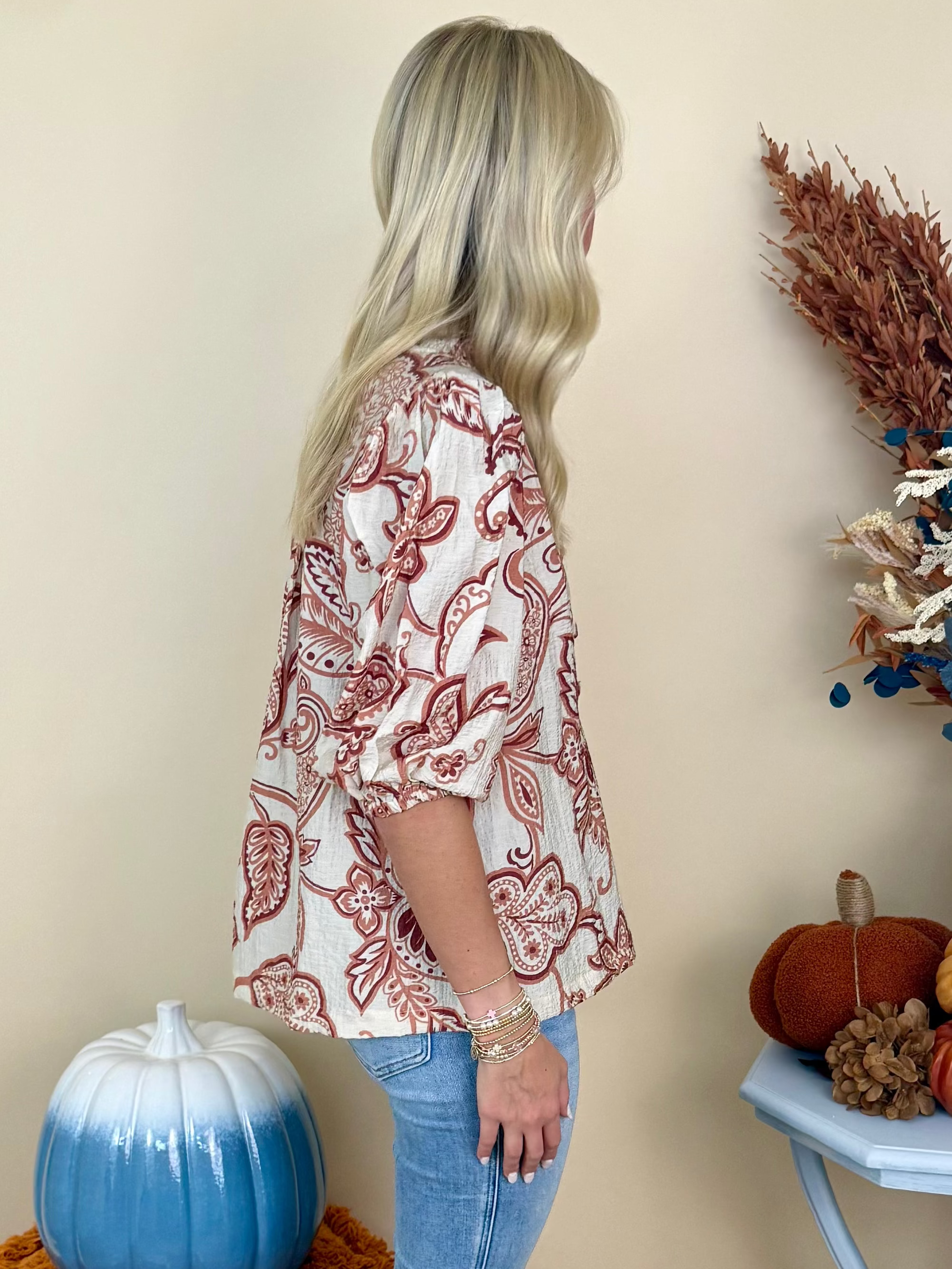Cheers to This Clay Abstract Smocked Detail Top-Shop-Womens-Boutique-Clothing
