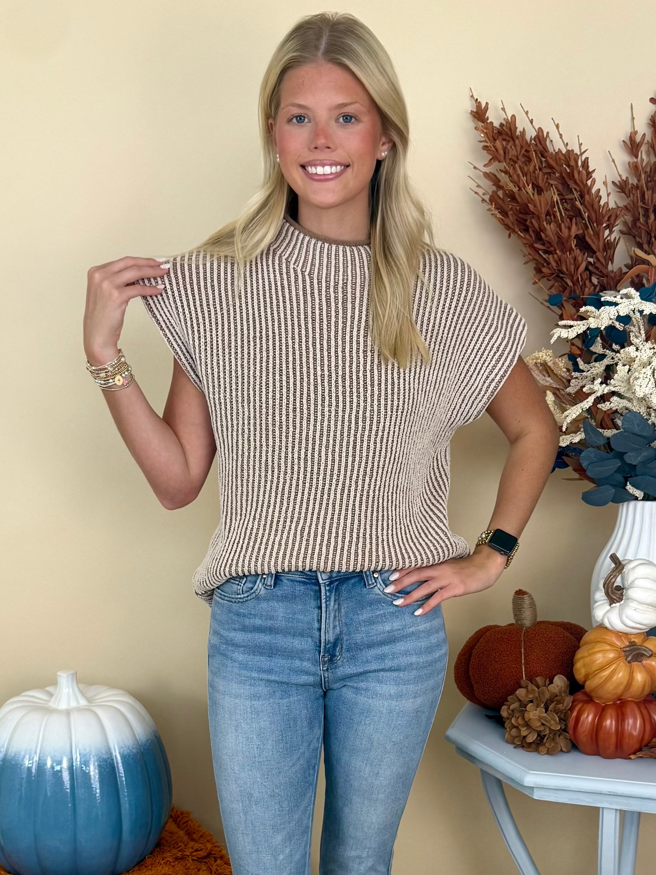 Shimmering Nights Mocha Two Tone Mock Neck Sleeveless Sweater-Shop-Womens-Boutique-Clothing