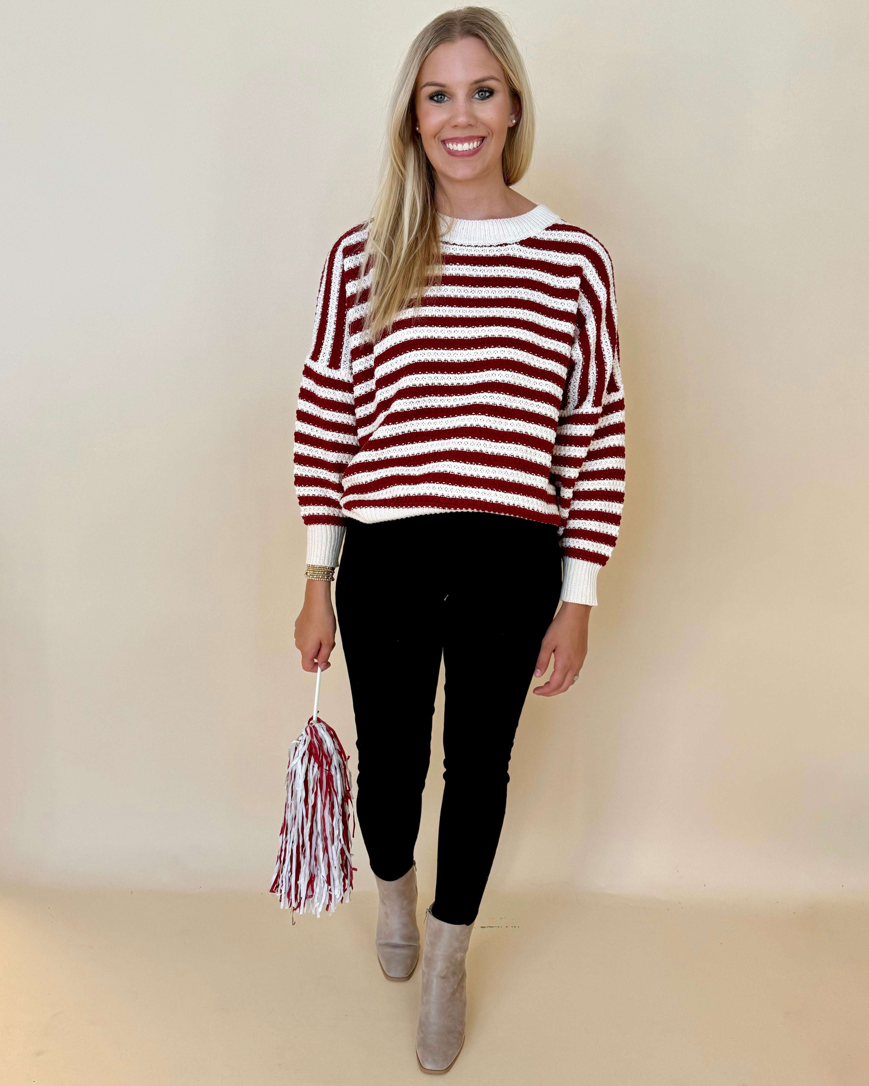 Crowd Favorite Burgundy Stripe Sweater-Shop-Womens-Boutique-Clothing