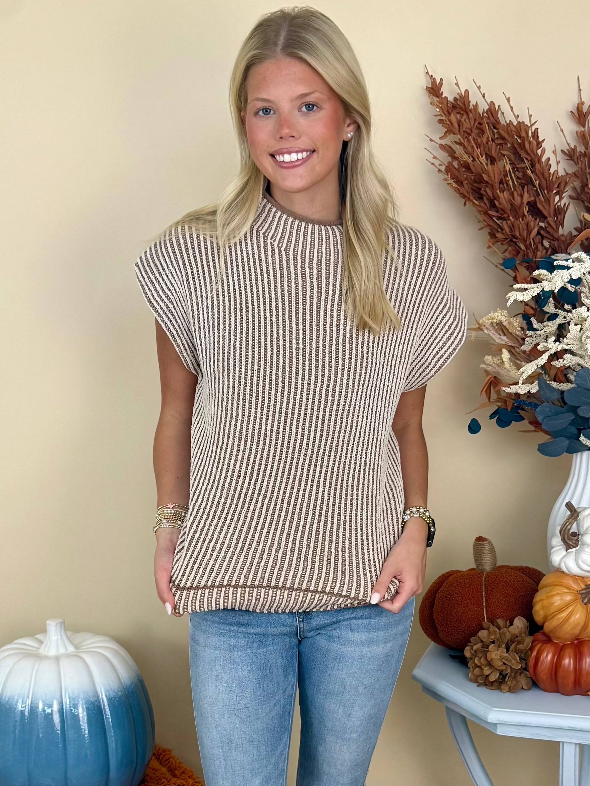 Shimmering Nights Mocha Two Tone Mock Neck Sleeveless Sweater-Shop-Womens-Boutique-Clothing