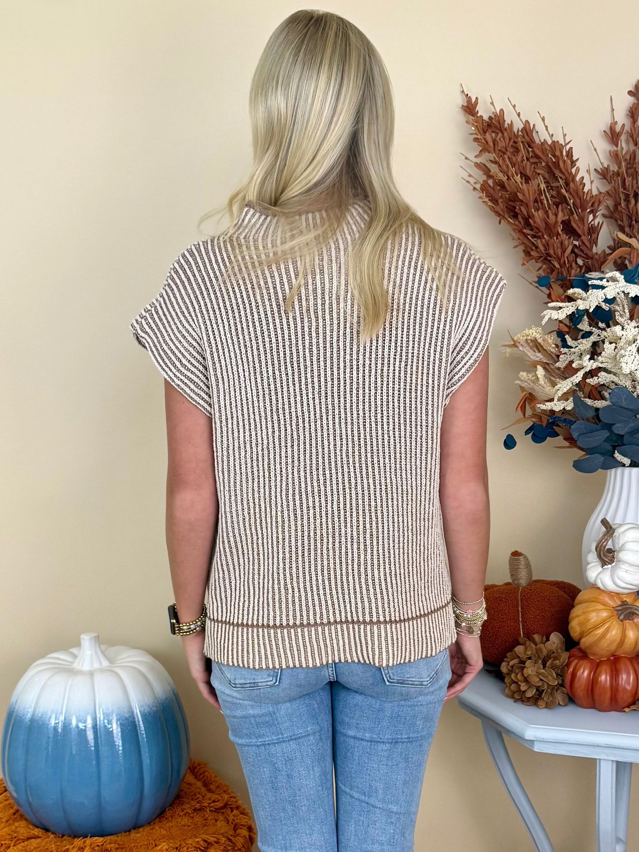 Shimmering Nights Mocha Two Tone Mock Neck Sleeveless Sweater-Shop-Womens-Boutique-Clothing