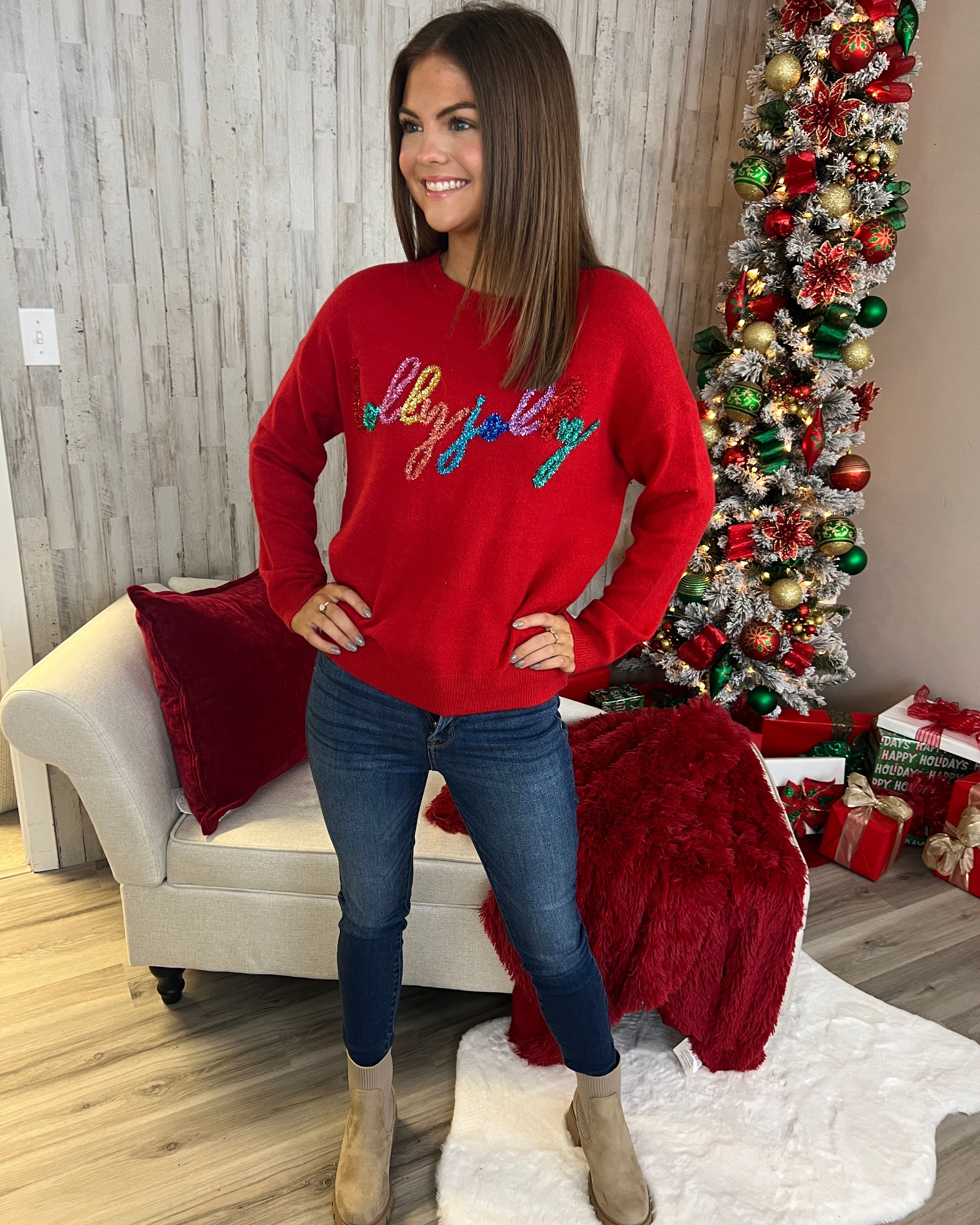 Santa Honey Red “Holly Jolly” Sweater-Shop-Womens-Boutique-Clothing