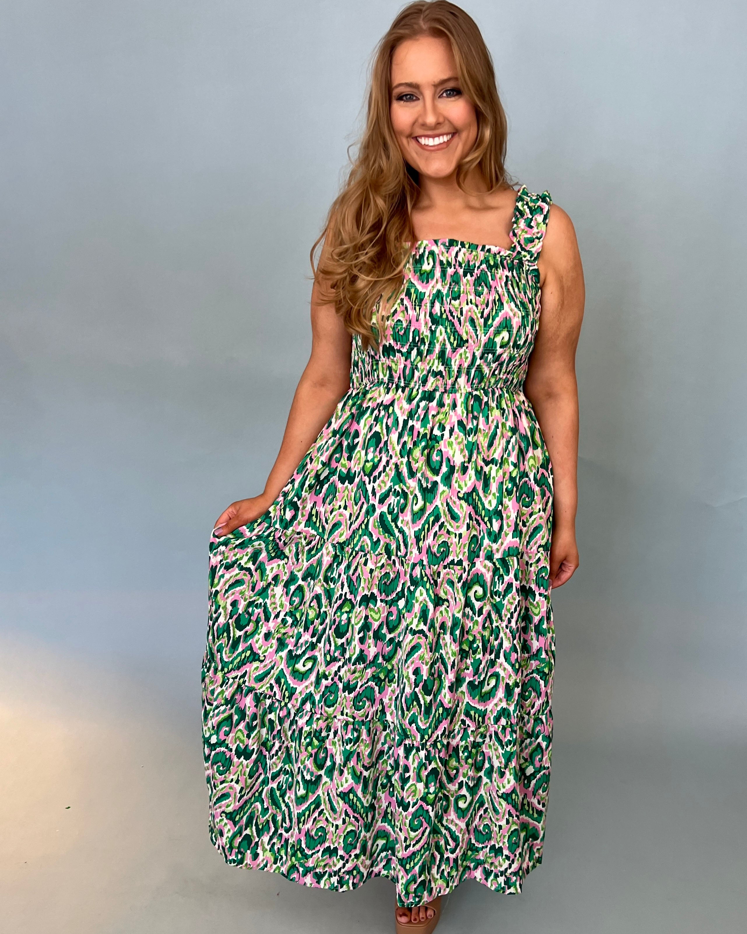Coasting Green Plus Print Smocked Maxi Dress-Shop-Womens-Boutique-Clothing
