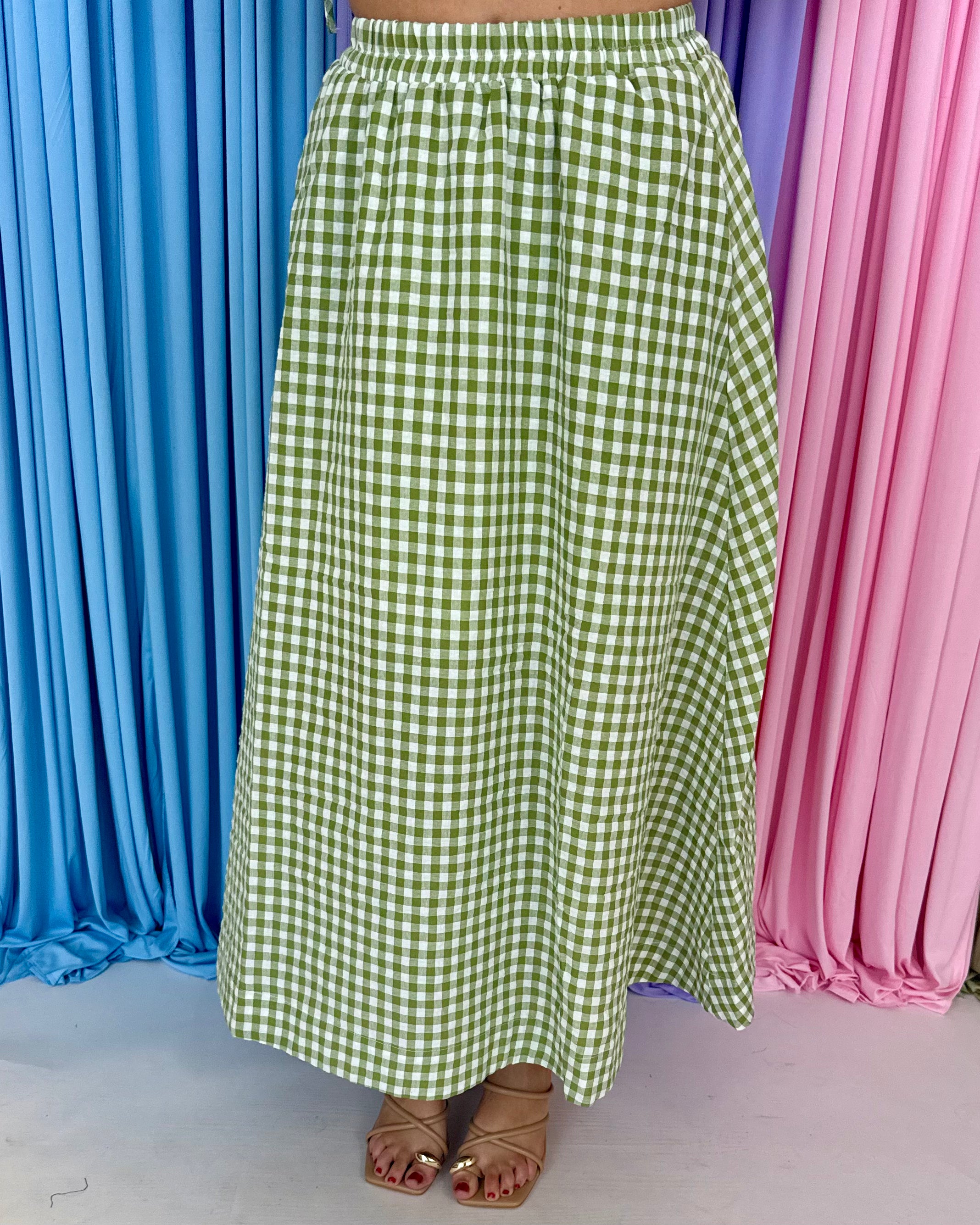 Spring Forward Green Gingham Midi Skirt-Shop-Womens-Boutique-Clothing