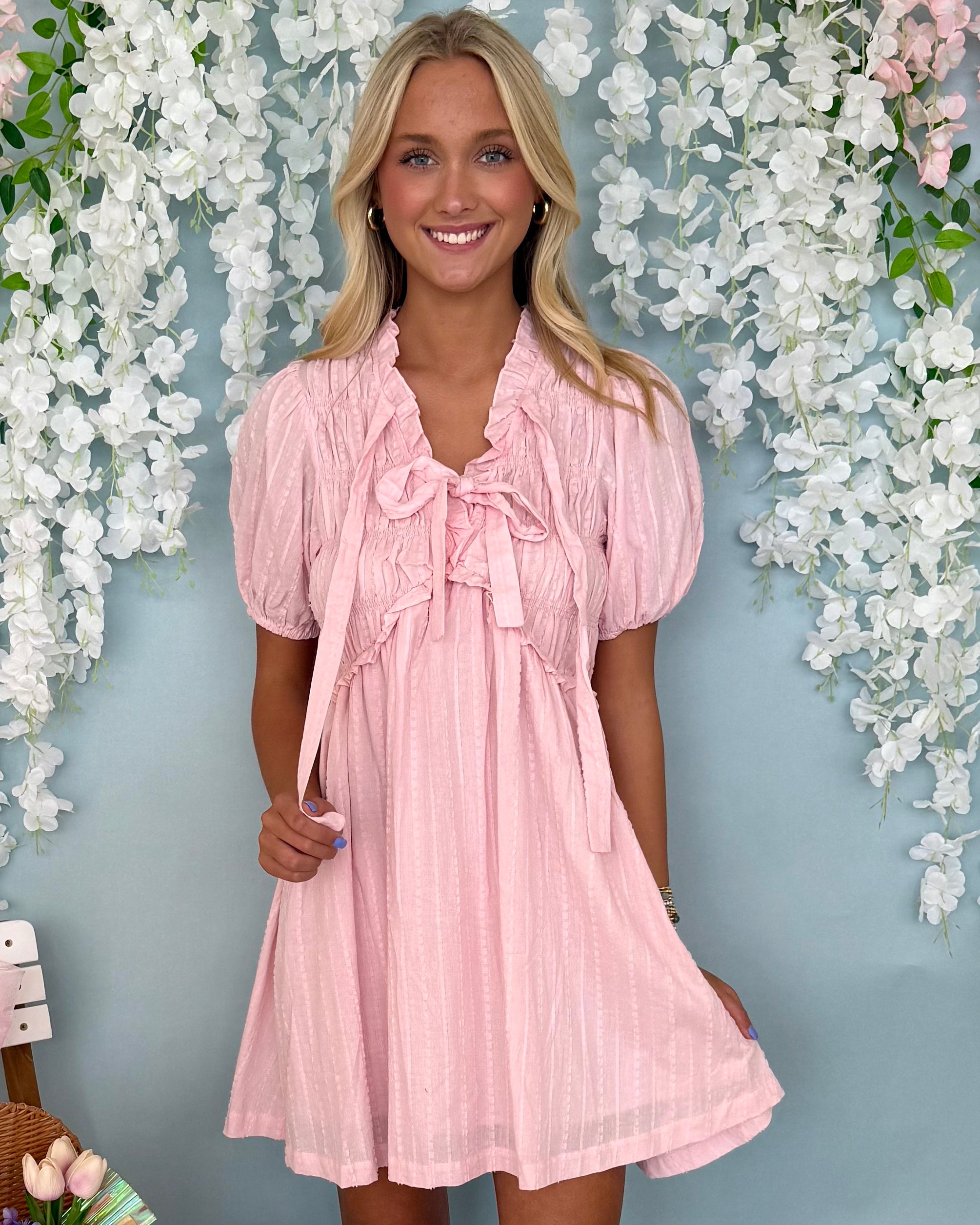 Just For Us Pink Smocked Bow Dress-Shop-Womens-Boutique-Clothing