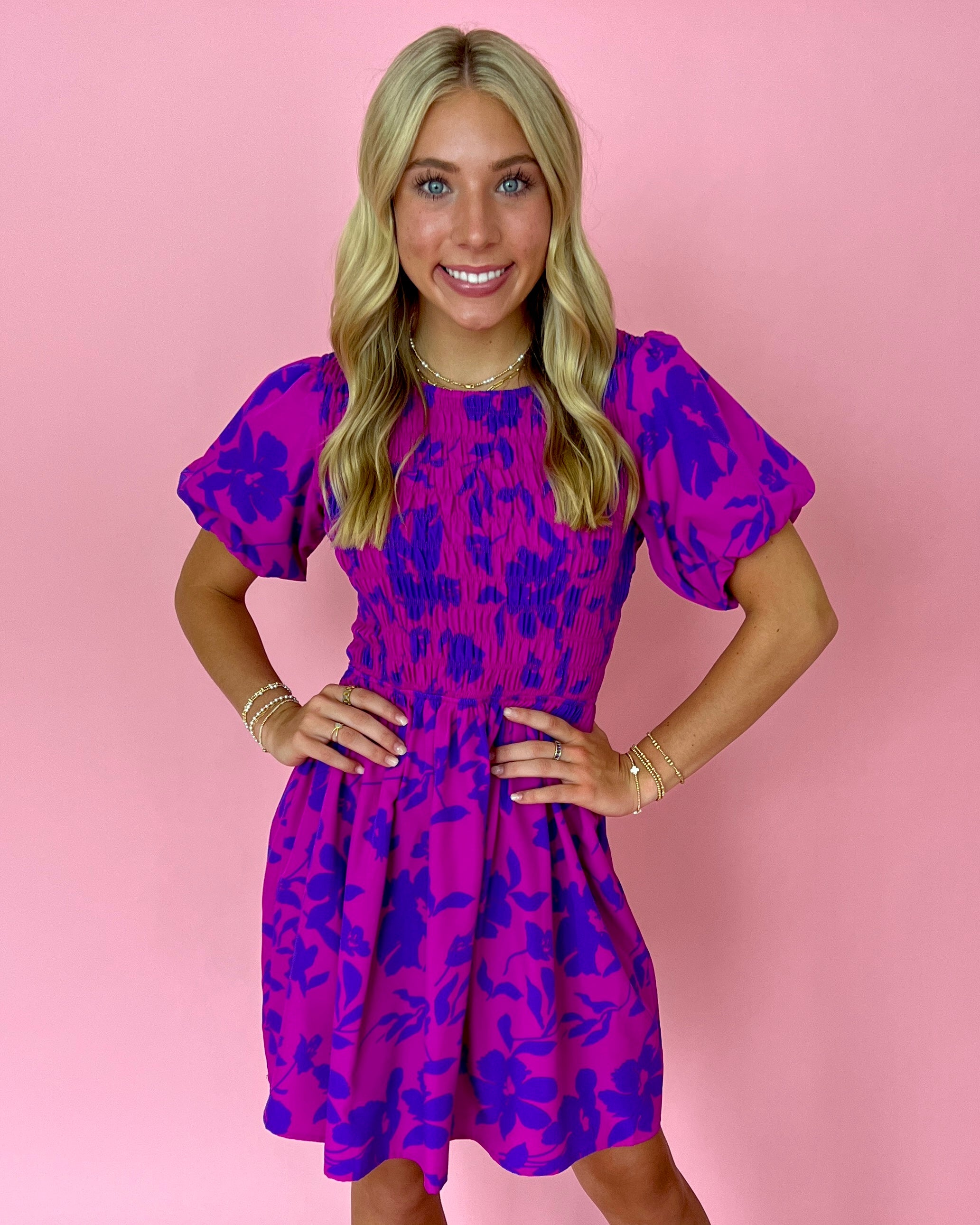 Pressed For Paradise Purple Floral Puff Sleeve Smocked Dress-Shop-Womens-Boutique-Clothing