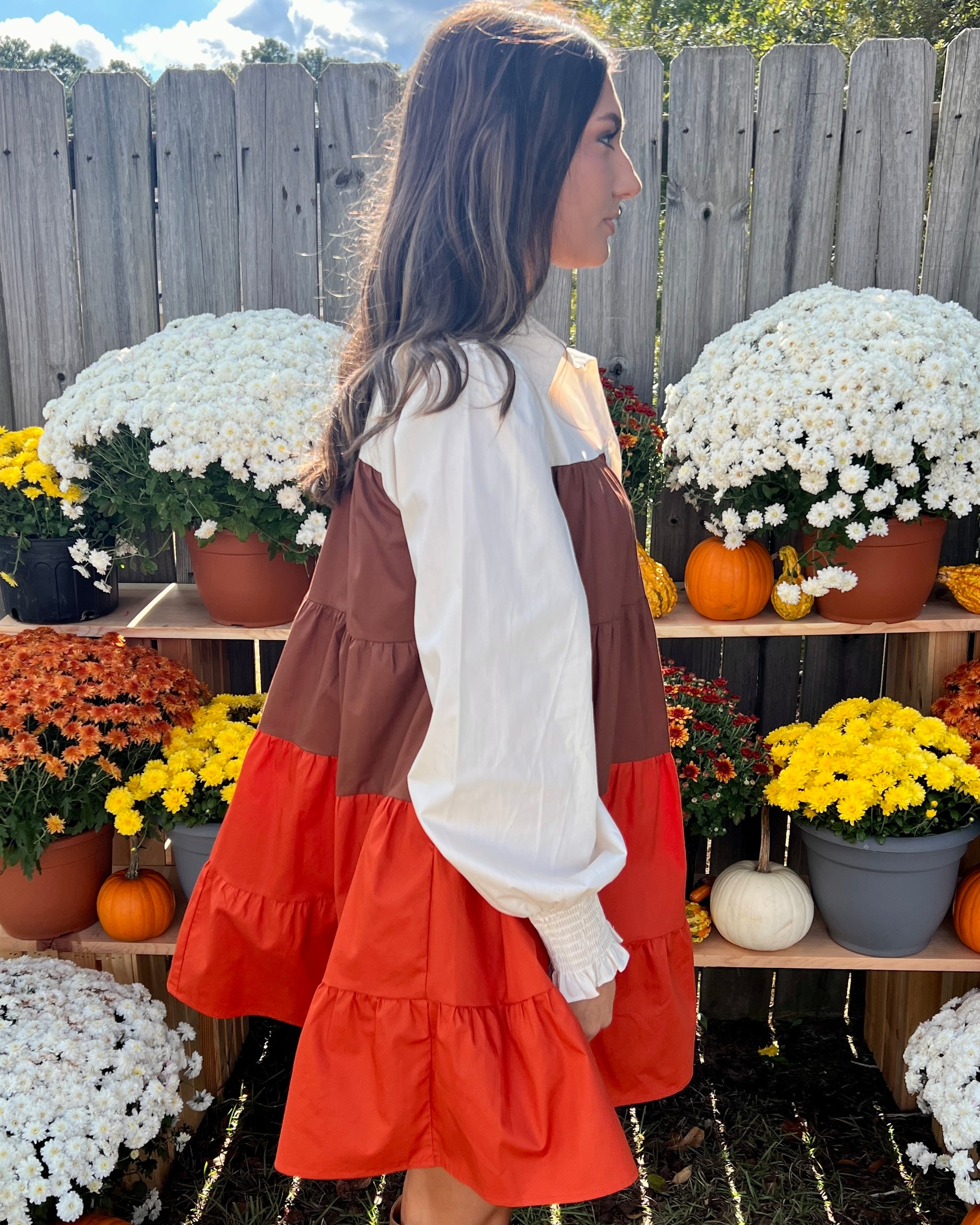 Lovely Views Orange/Brown Multi Color Block Tiered Dress-Shop-Womens-Boutique-Clothing