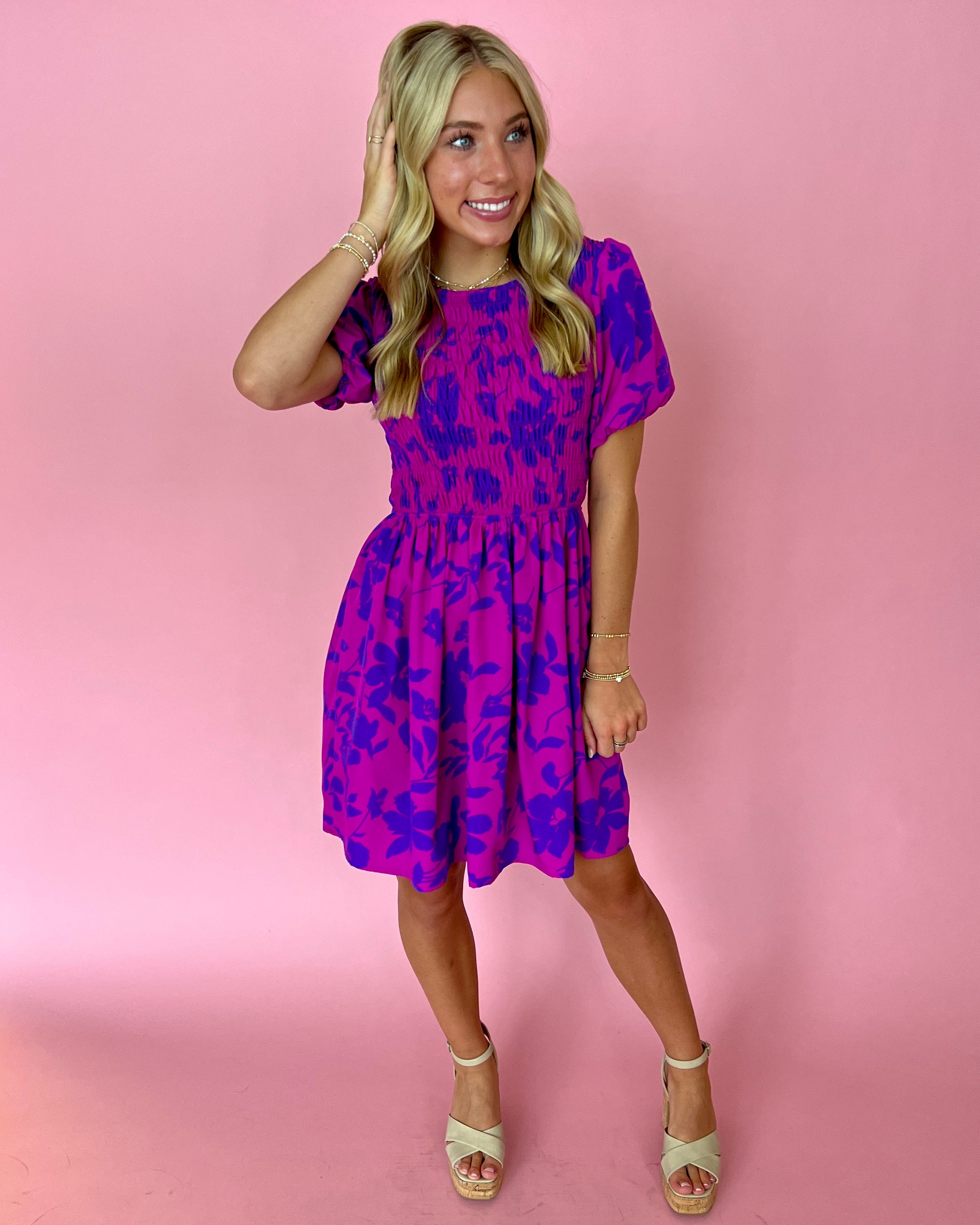 Pressed For Paradise Purple Floral Puff Sleeve Smocked Dress-Shop-Womens-Boutique-Clothing