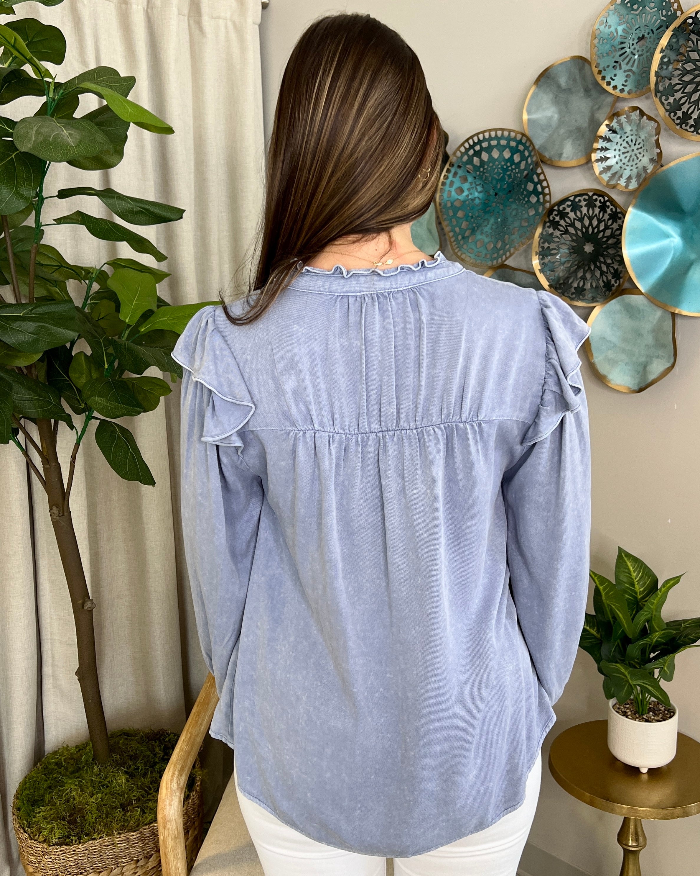 Crisp Fall Denim Mineral Washed Ruffle Top-Shop-Womens-Boutique-Clothing