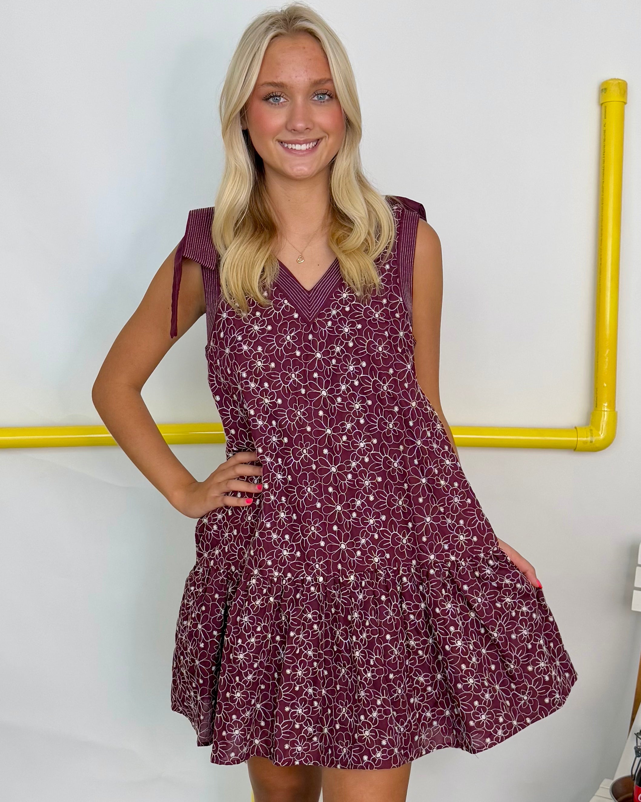 No Limits Burgundy Embroidered Bow Dress-Shop-Womens-Boutique-Clothing