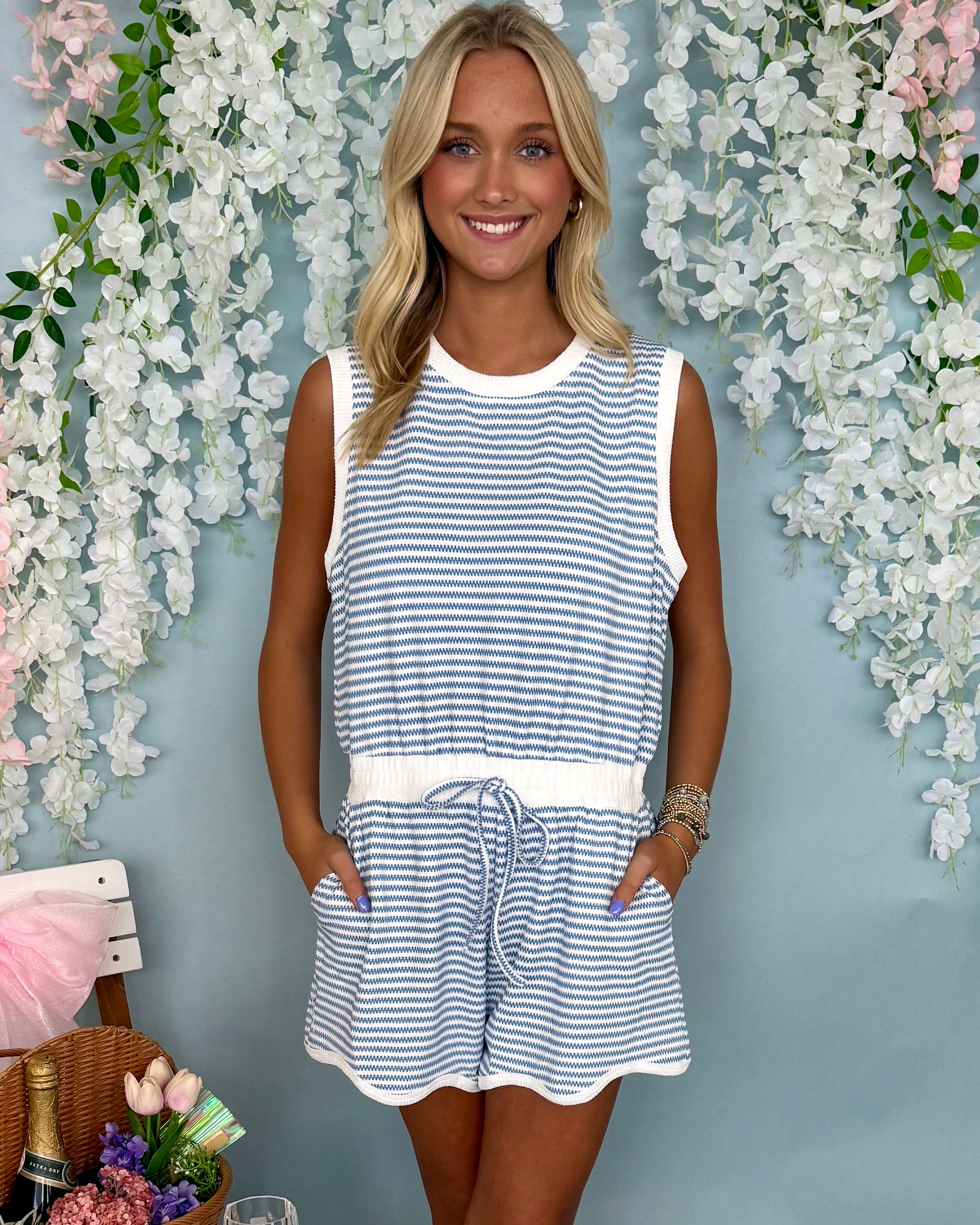 In The Groove Blue Stripe Sleeveless Romper-Shop-Womens-Boutique-Clothing