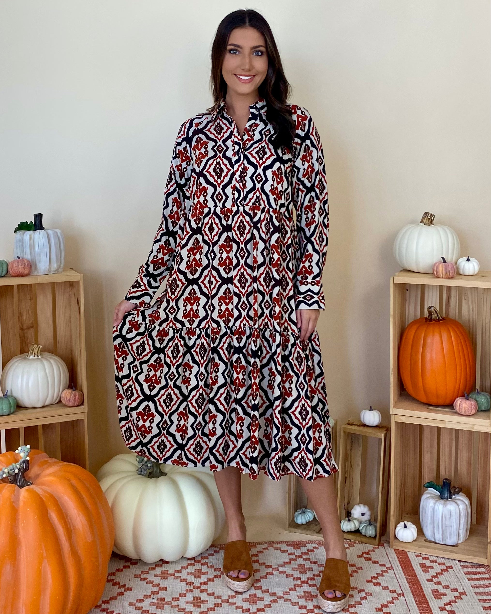 Listen Intently Rust Retro Print Midi Dress-Shop-Womens-Boutique-Clothing