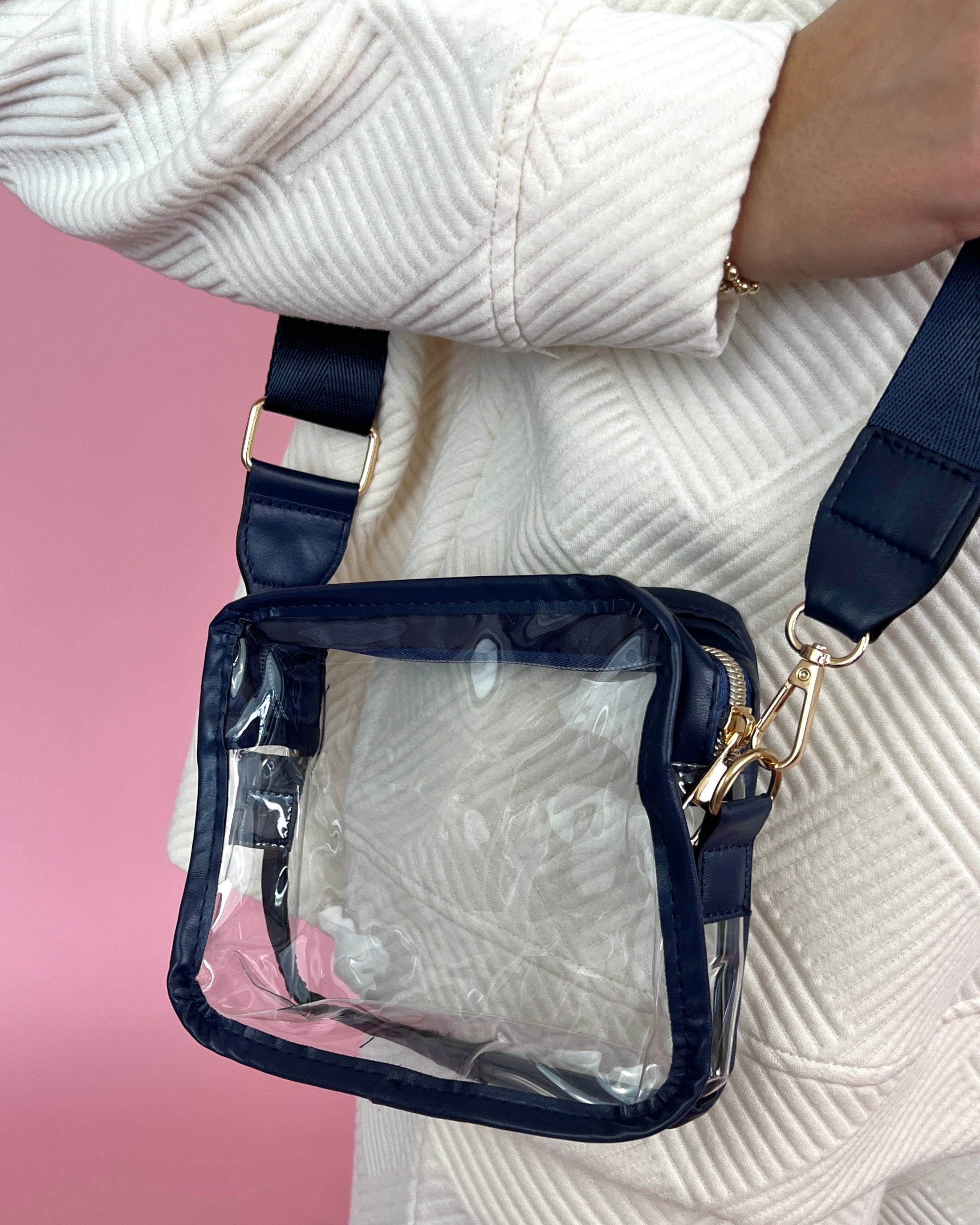 Moving On Navy Leather Trimmed Square Clear Bag-Regular-Shop-Womens-Boutique-Clothing