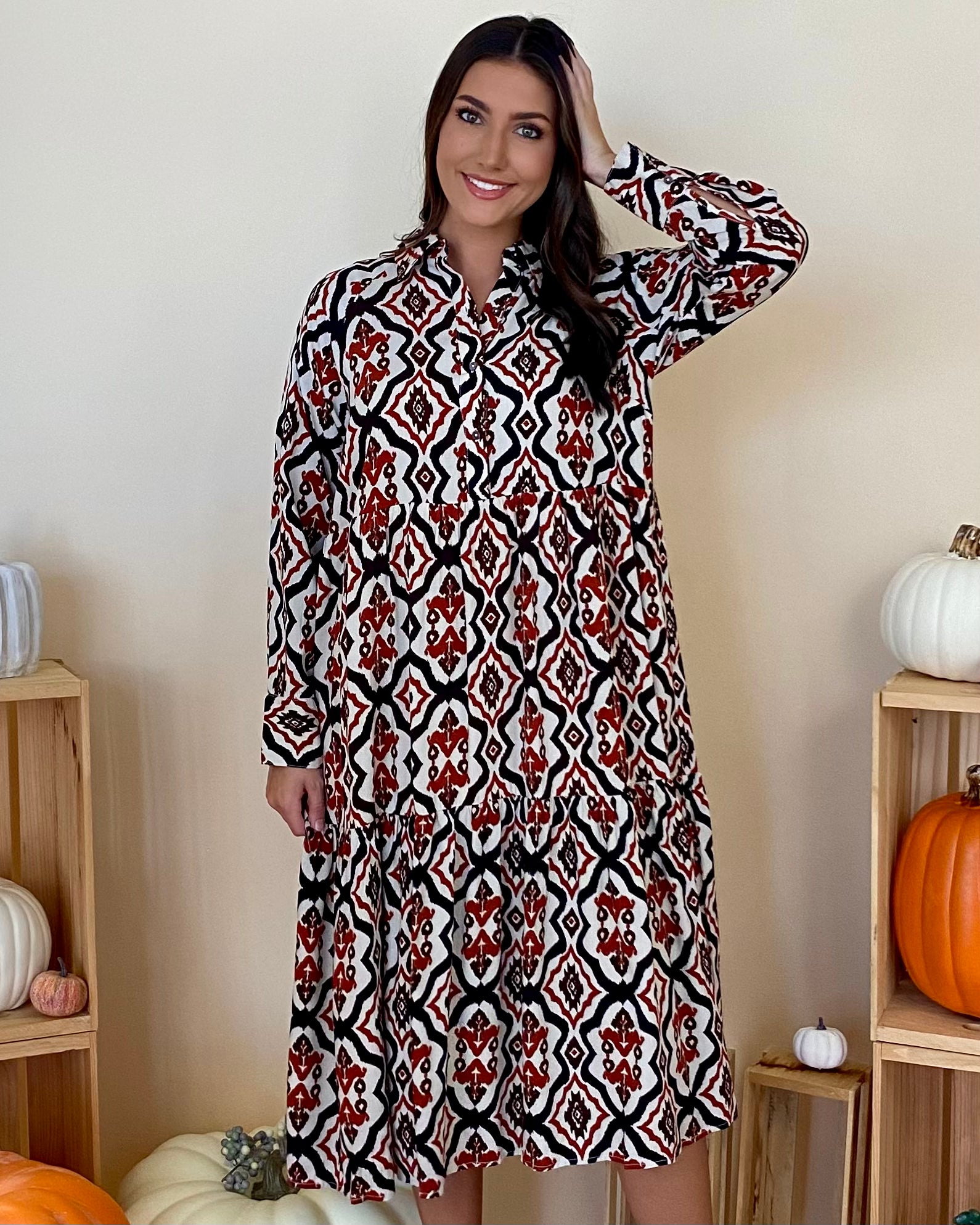 Listen Intently Rust Retro Print Midi Dress-Shop-Womens-Boutique-Clothing