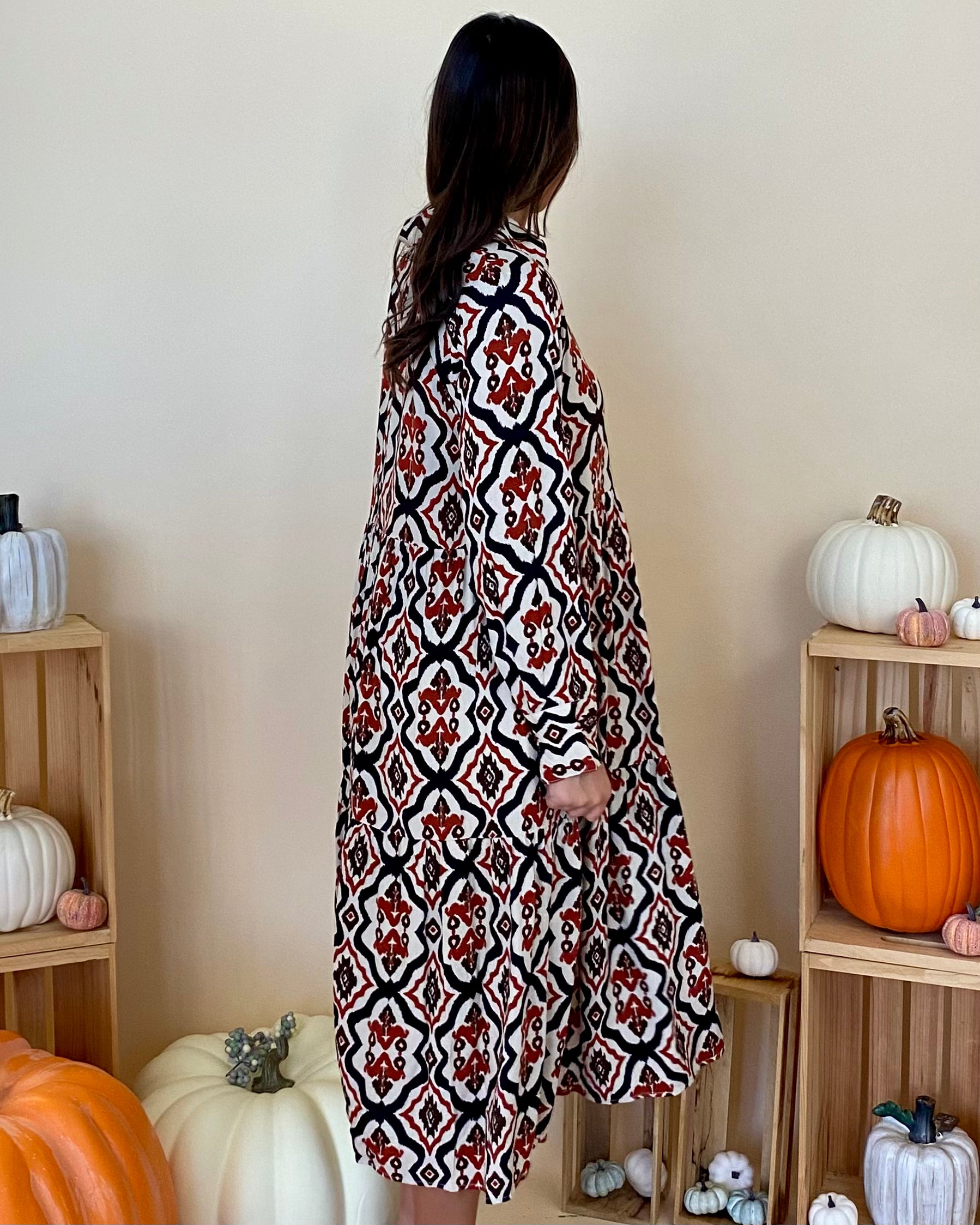 Listen Intently Rust Retro Print Midi Dress-Shop-Womens-Boutique-Clothing